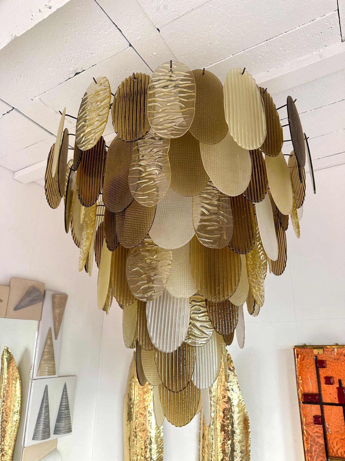 Large Contemporary Chandelier Tan Brown Tapestry Murano Glass By Ad, Italy photo 10605.0
