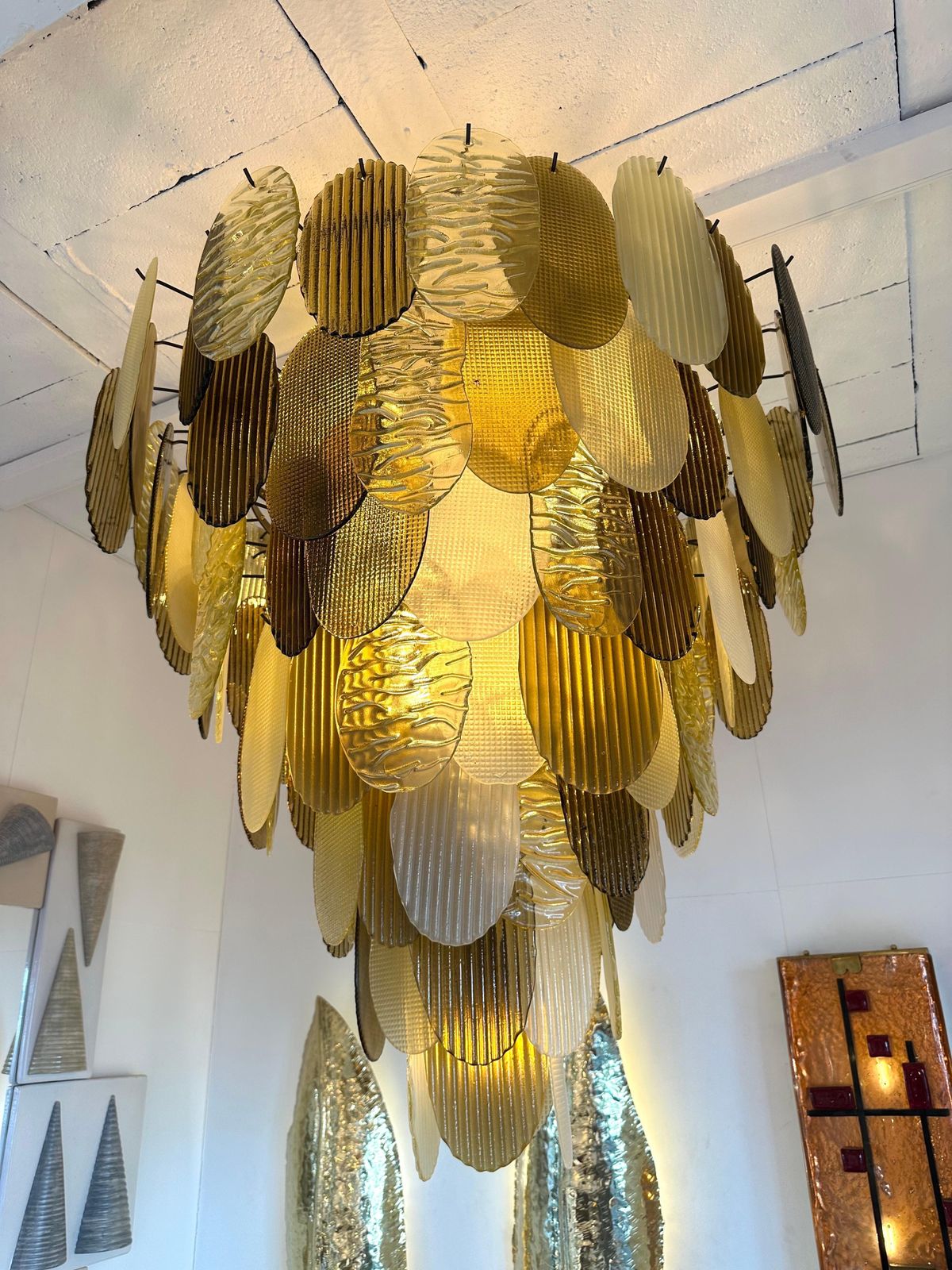 photo for sale Large Contemporary Chandelier Tan Brown Tapestry Murano Glass By Ad, Italy
