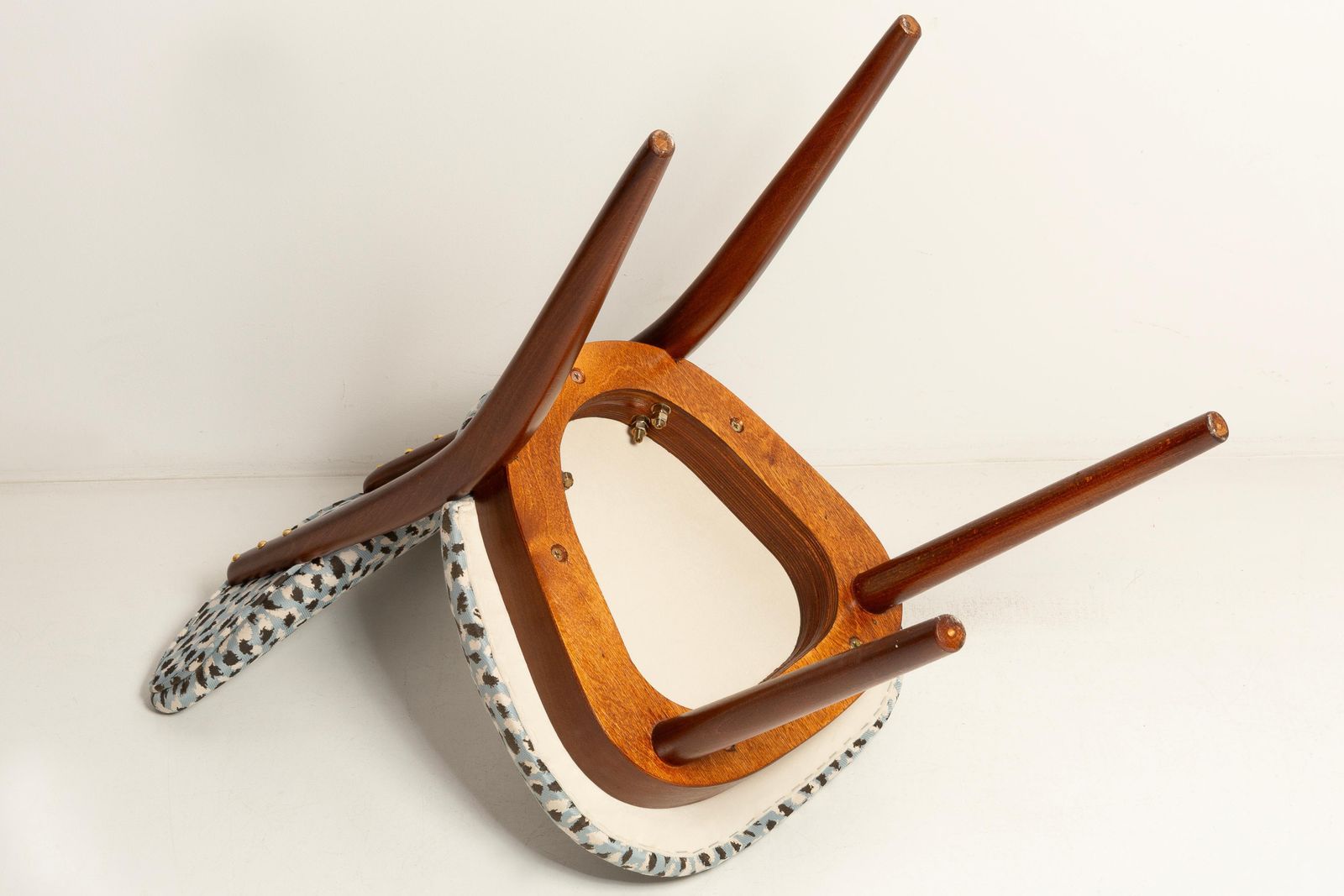 photo for sale Eight Mid Century Heart Chairs In Blue Leopard By Pierre Frey, Europe, 1960s