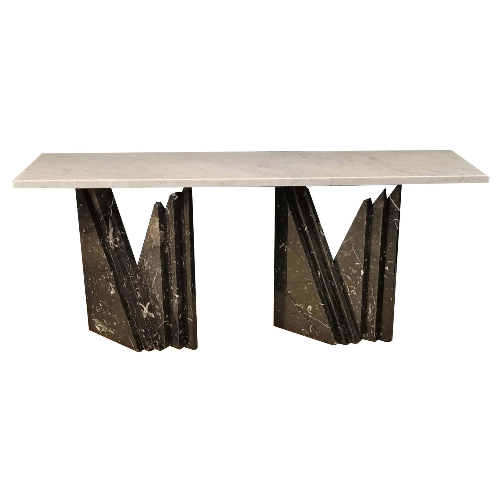Marble Console Table, Black Marquinia Bases And White Carrara Top, Italy 1980s