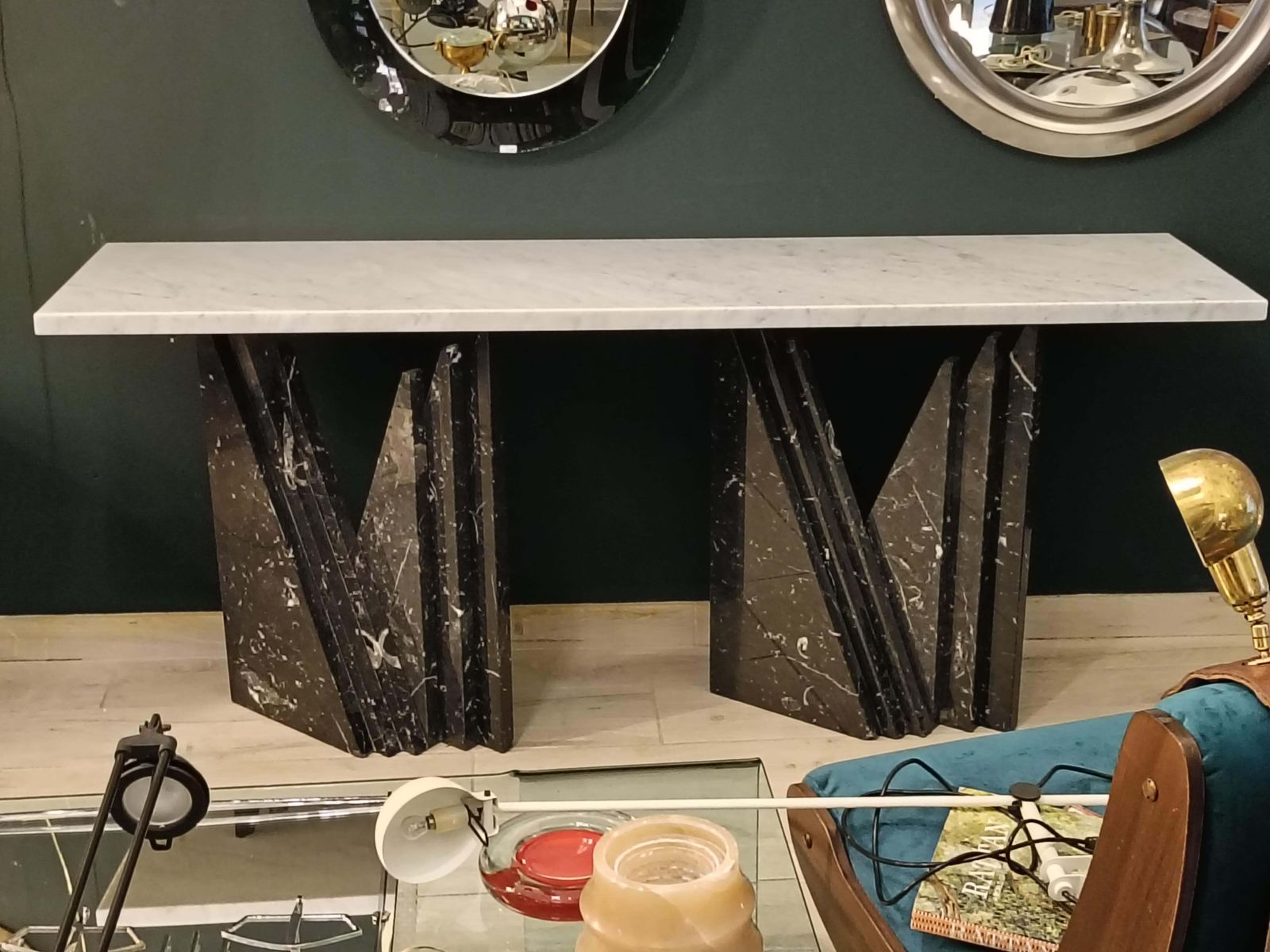 Marble Console Table, Black Marquinia Bases And White Carrara Top, Italy 1980s photo for sale