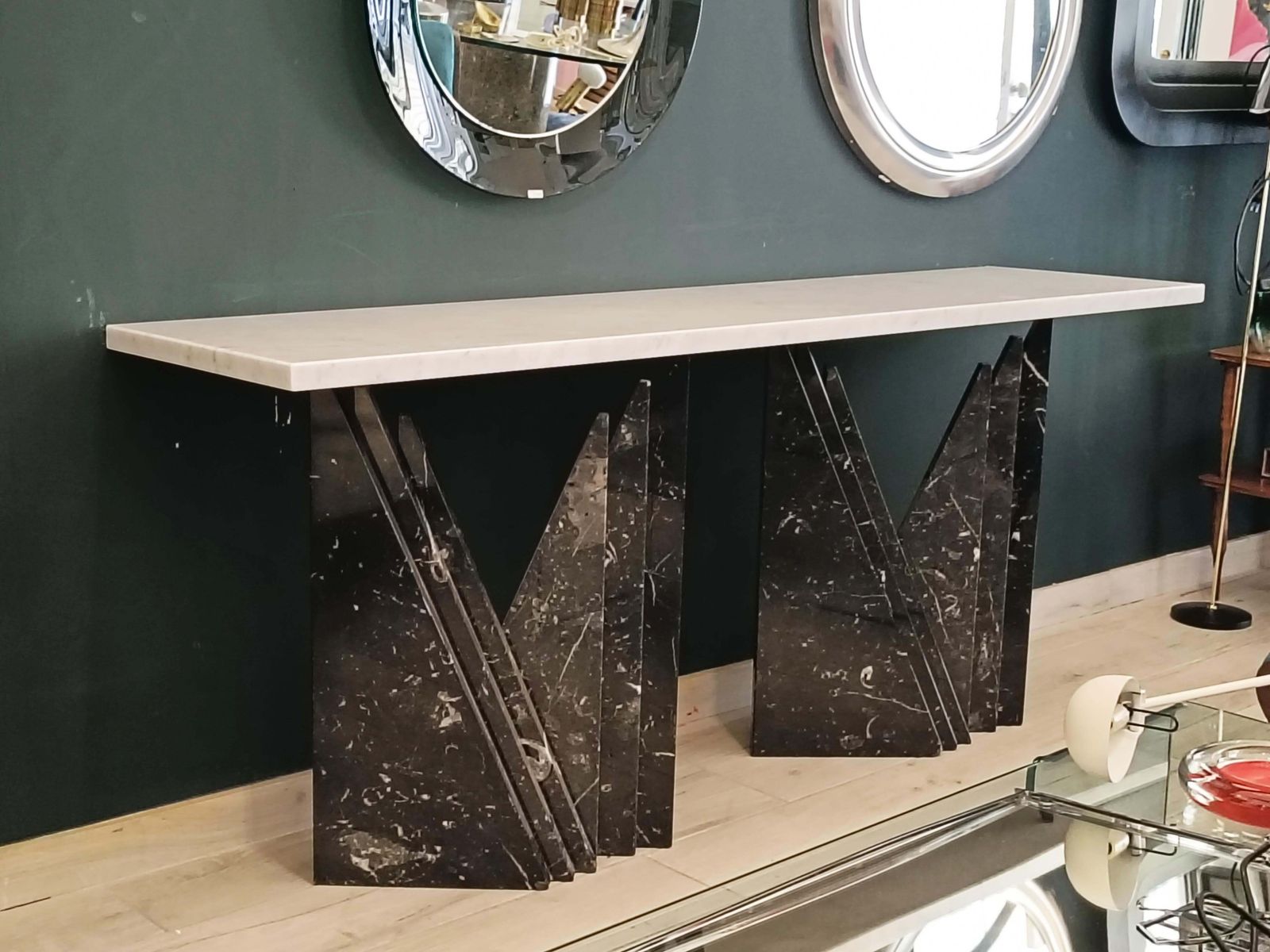 Marble Console Table, Black Marquinia Bases And White Carrara Top, Italy 1980s photo Furniture