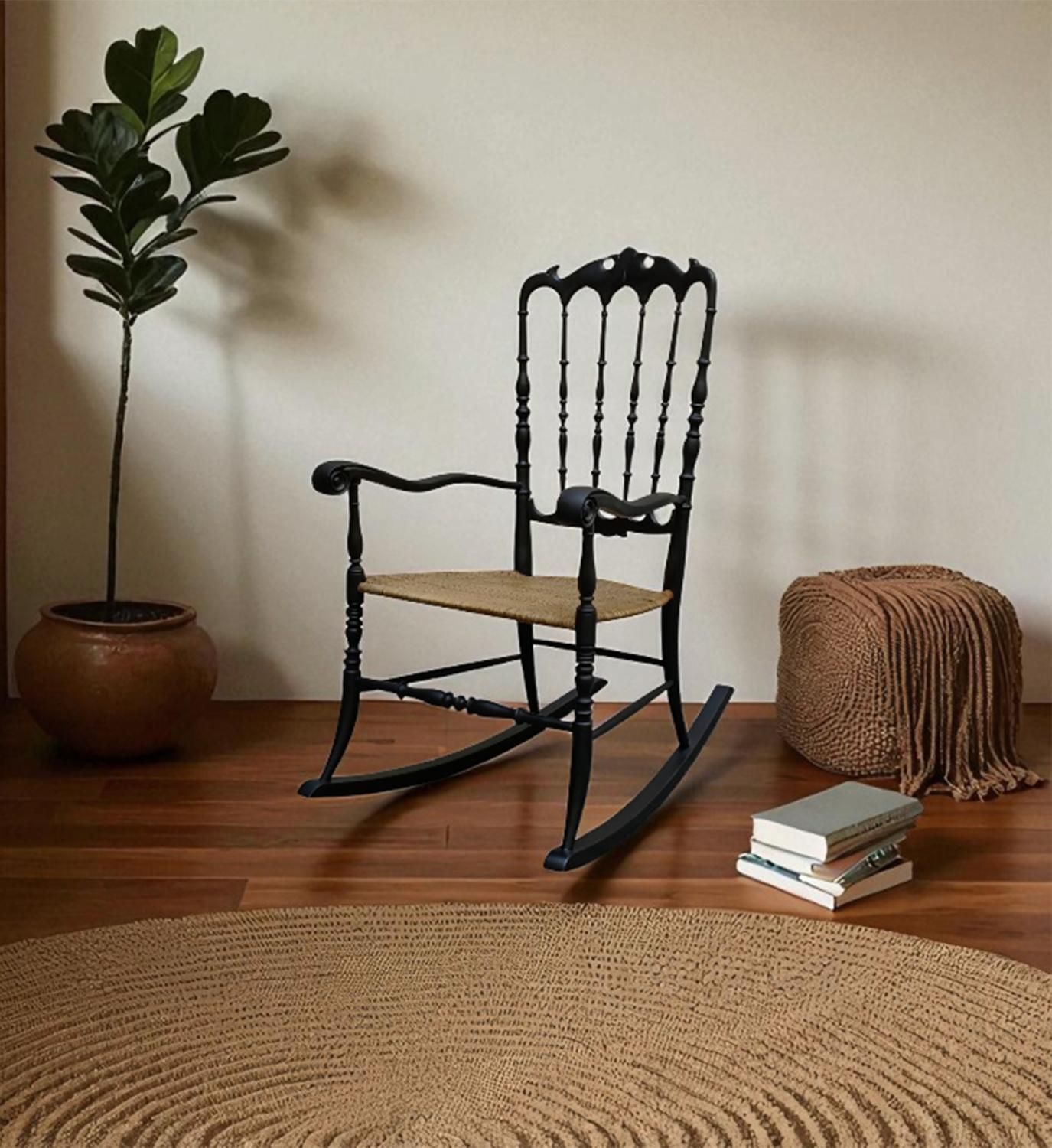 F.Lli Podesta' Rocking Chair "Chiavari" In Wood And Wicker, Italy 1950s photo vintage