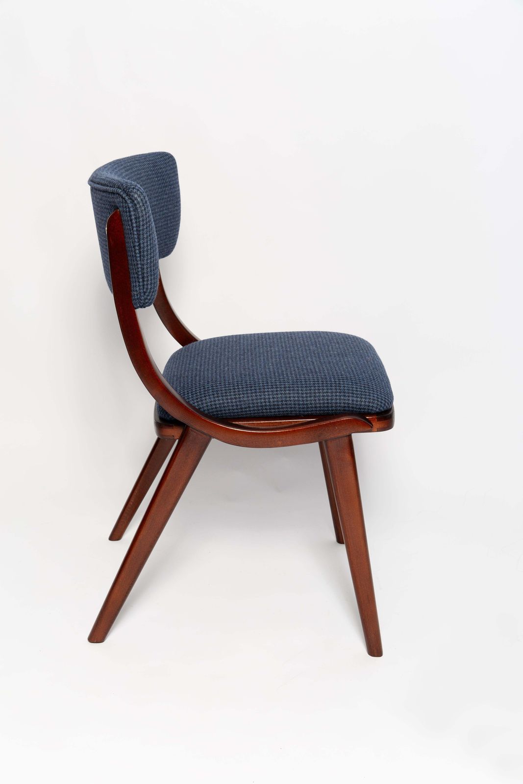 Six Mid Century Modern Bumerang Chairs, Navy Cheerful Check Wool, Poland, 1960s photo for sale