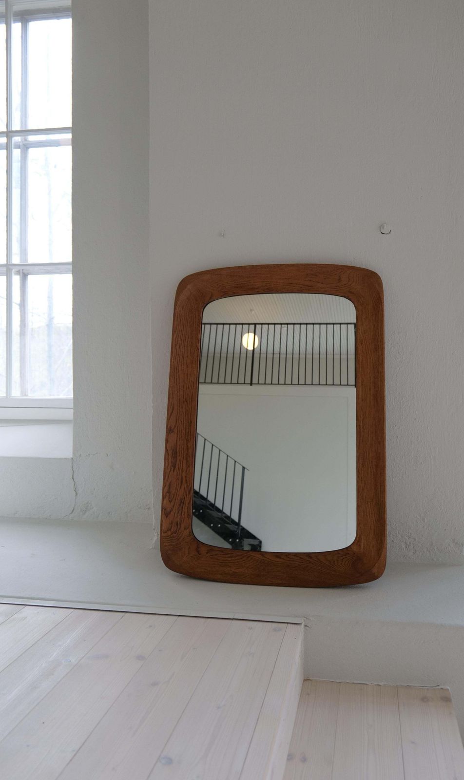 Midcentury Modern Sculptural Wall Mirror In Stained Oak, Glass, Glas & Trä 1959 photo vinterior