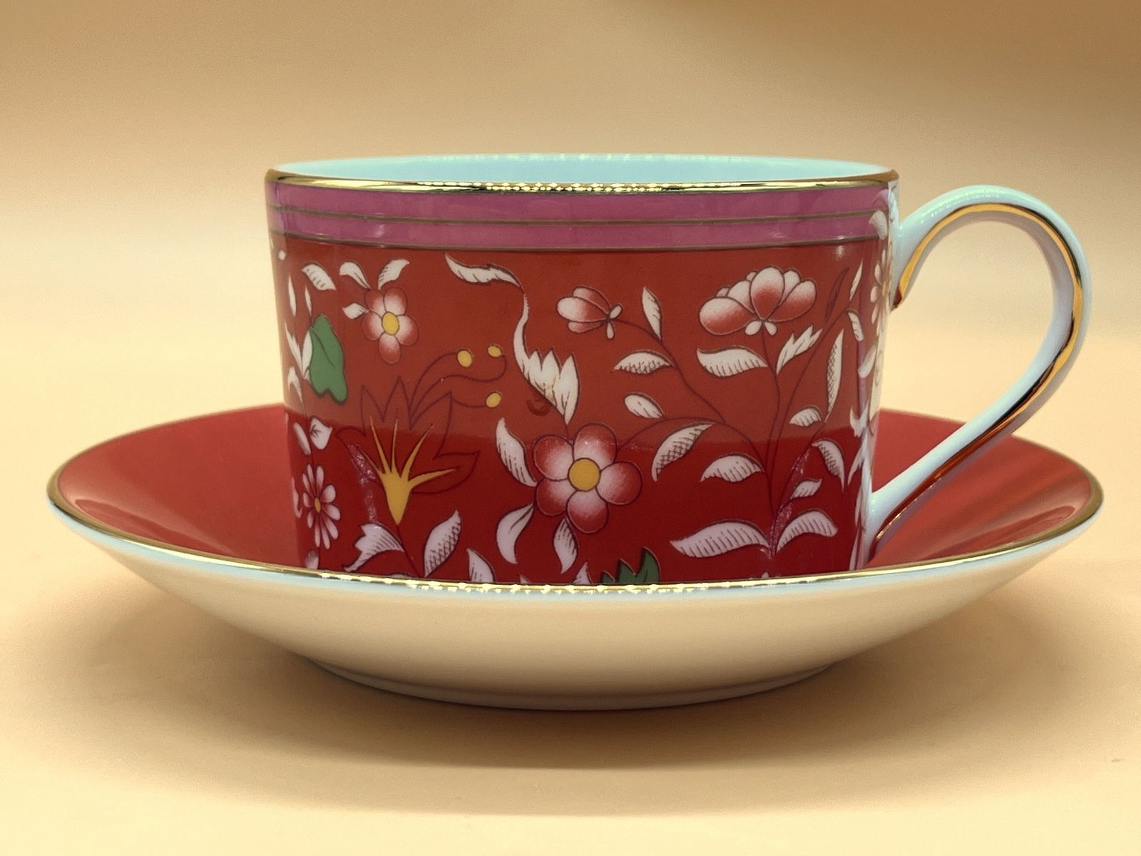 photo for sale Wedgwood China Wonderlust Collection Crimson Jewel Design Tea Cup & Saucer Duo.