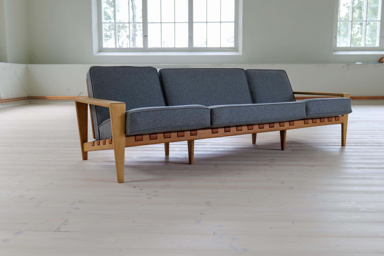 Midcentury Large Sofa "Bodö" Oak, Leather And Wool, Svante Skogh, Sweden, 1960s photo furniture