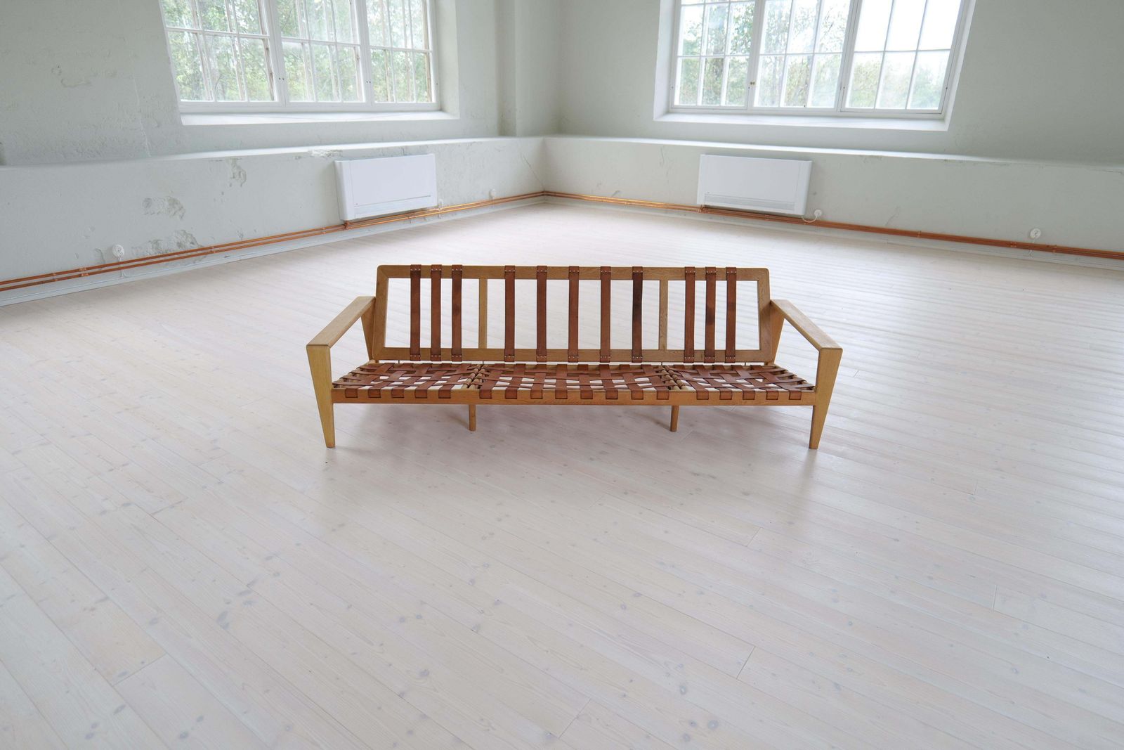 5744.0 Midcentury Large Sofa "Bodö" Oak, Leather And Wool, Svante Skogh, Sweden, 1960s photo