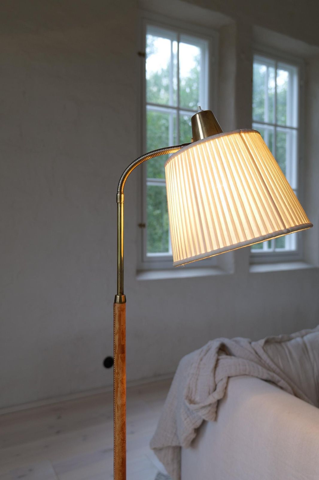 Mid Century Brass Brown Leather Floor Lamp Falkenbergs Belysning, Sweden, 1960s photo vinterior