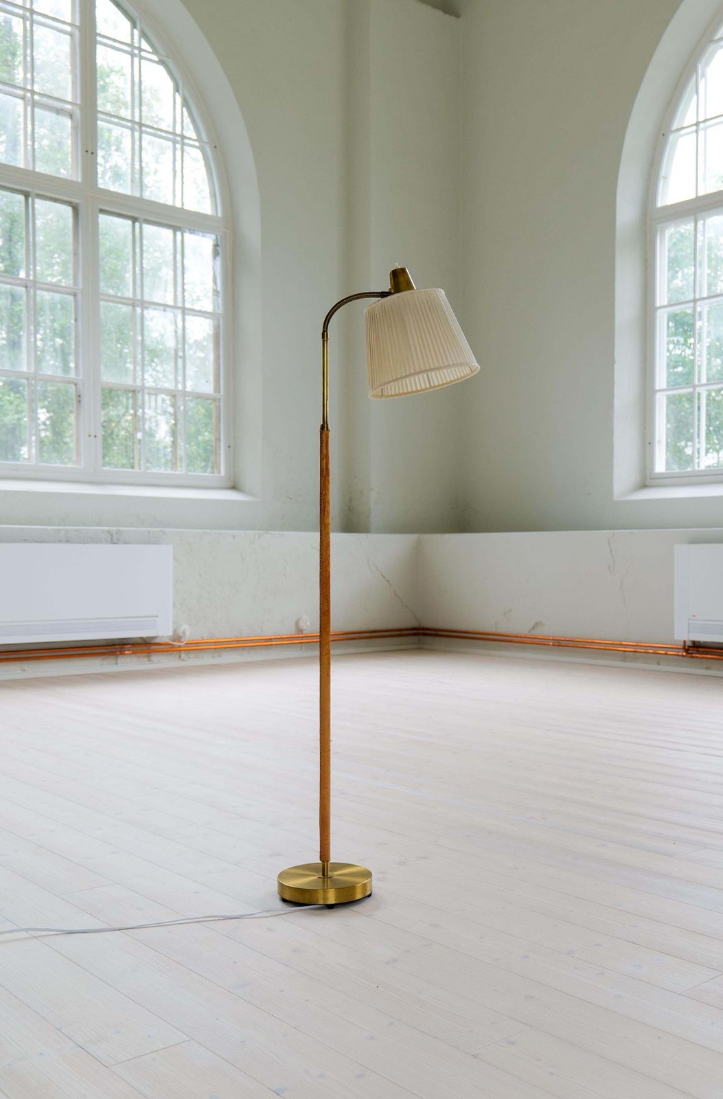Mid Century Brass Brown Leather Floor Lamp Falkenbergs Belysning, Sweden, 1960s photo vintage
