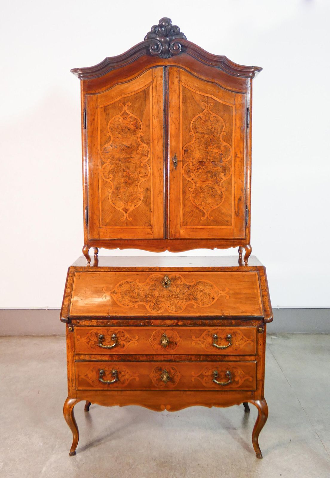 Trumeau Secretaire Piemontese Luigi XV, In Legno Intarsiato. XVIII Secolo photo for sale