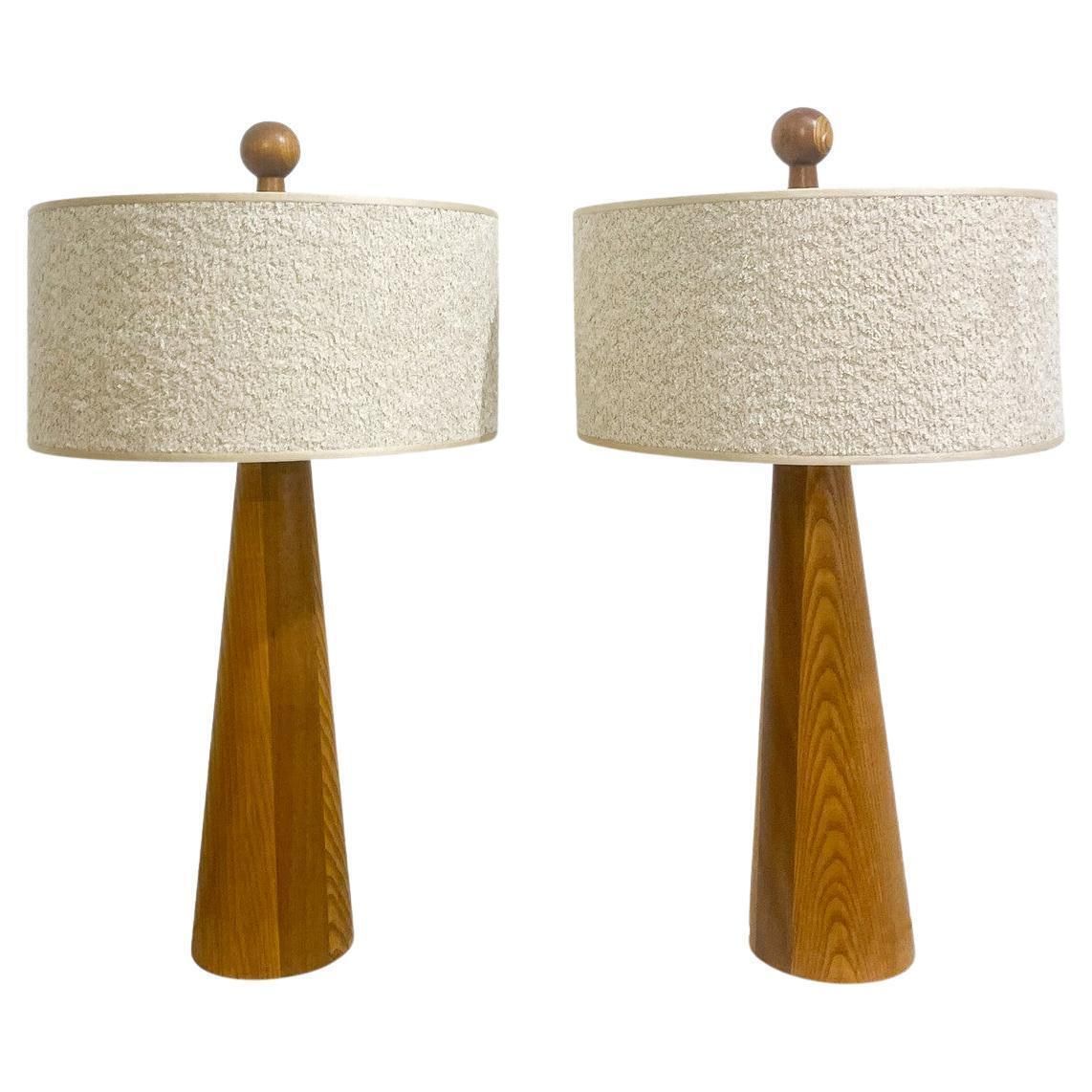 Pair Of Modern Conical Wooden Table Lamps, Boucle Lampshade, Italy