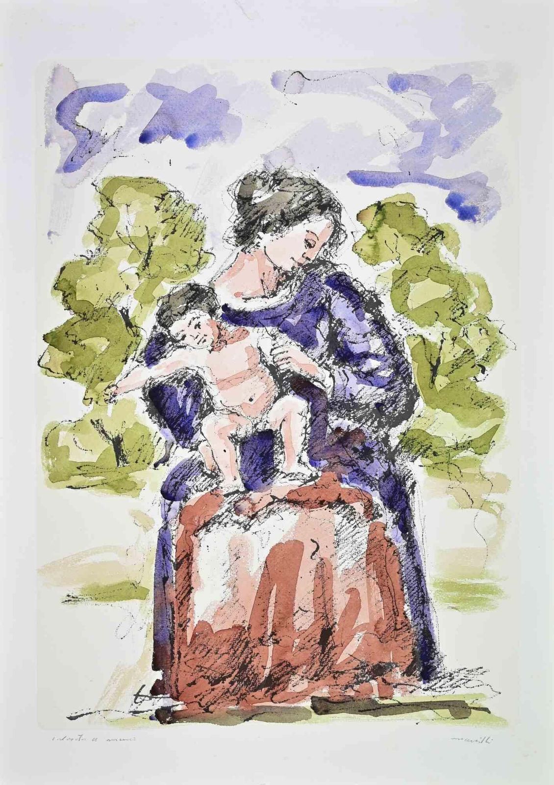 Franco Marzillimother And Child   Lithograph By Franco Marzilli   1980s1980s
