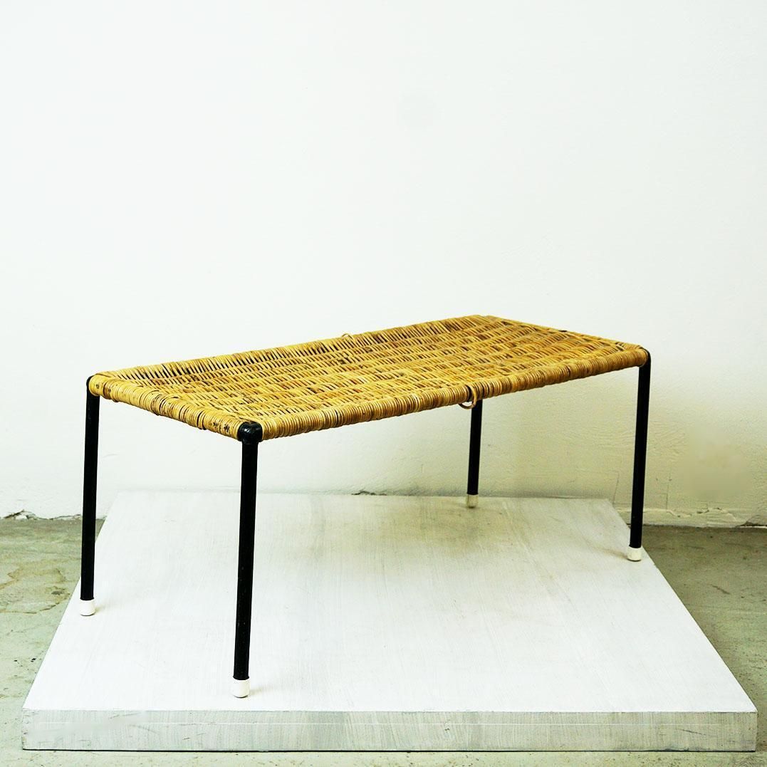 Austrian Midcentury Black Steel And Wicker Side Table By Carl Auböck photo vinterior