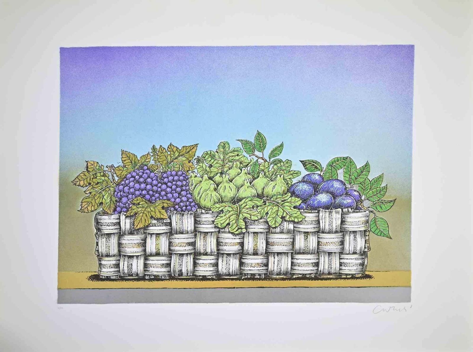 Bruno Carusostill Life With Basket Of Fruit   Lithograph By Bruno Caruso   1980s1980s