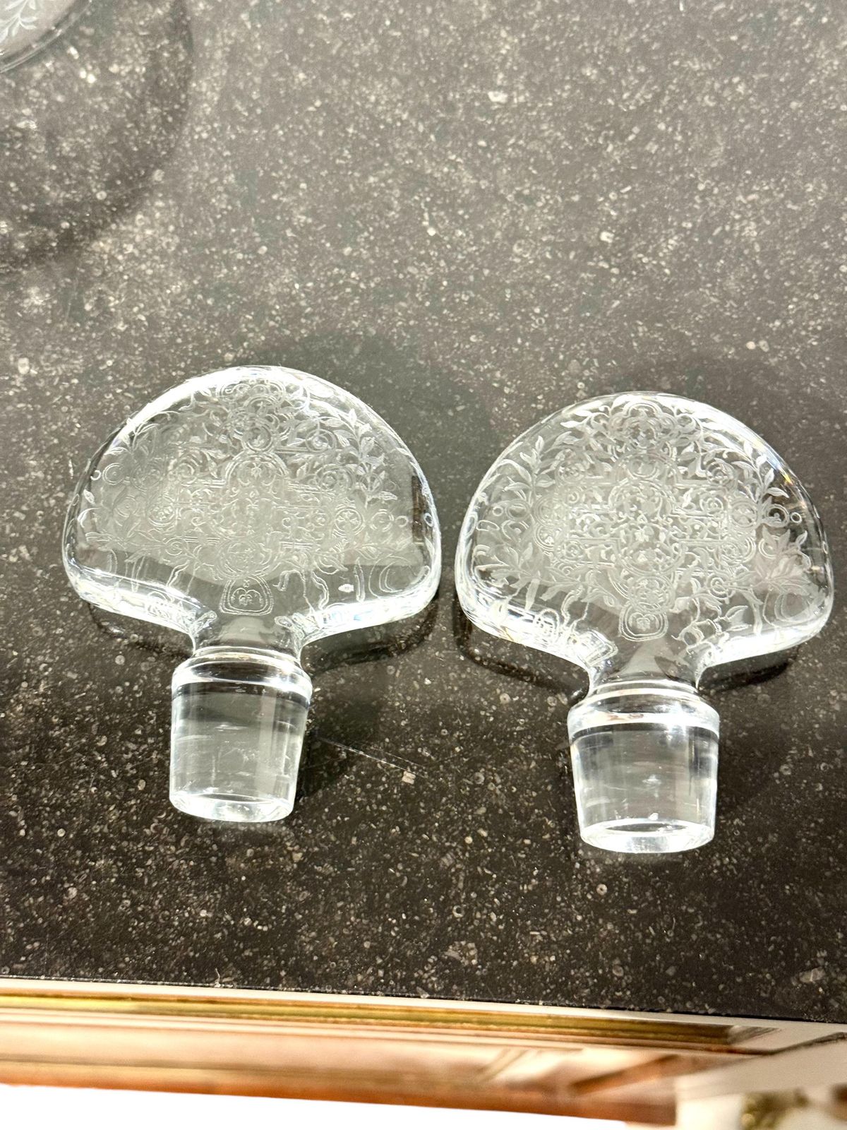Home Decor Pair Of Baccarat Rohan Engraved Crystal Decanters With Mushroom Stoppers photo