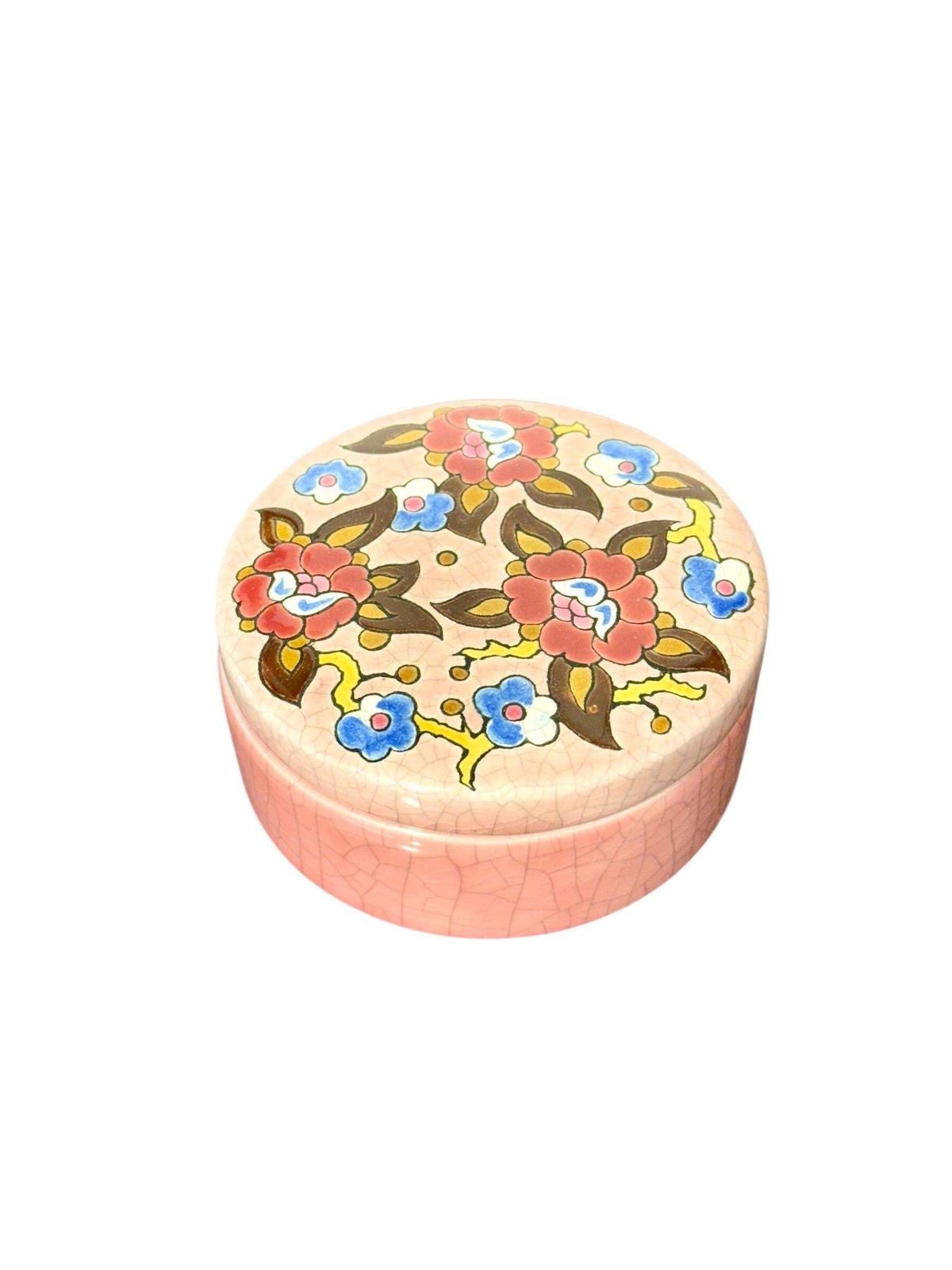 Longwy Pink Crackle Glazed Box With Floral Décor, Signed M.P. Chevallier photo furniture