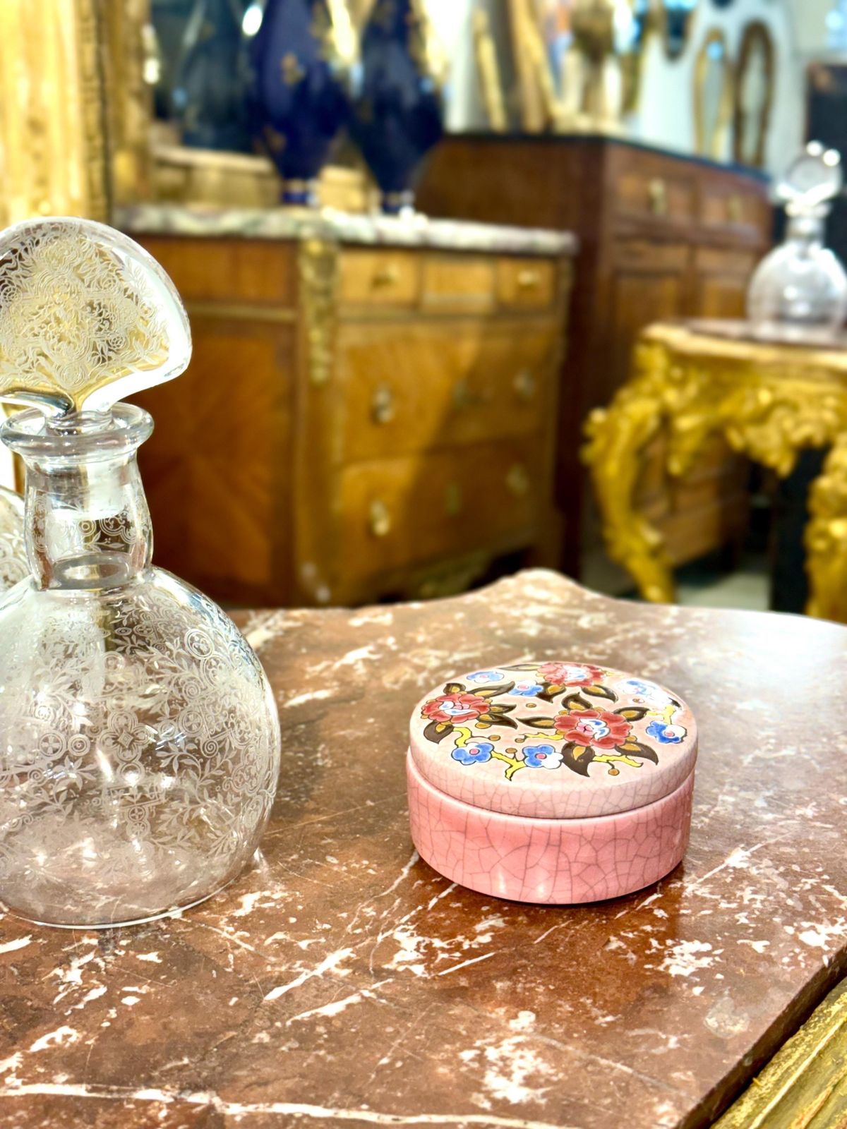 463.0 Longwy Pink Crackle Glazed Box With Floral Décor, Signed M.P. Chevallier photo