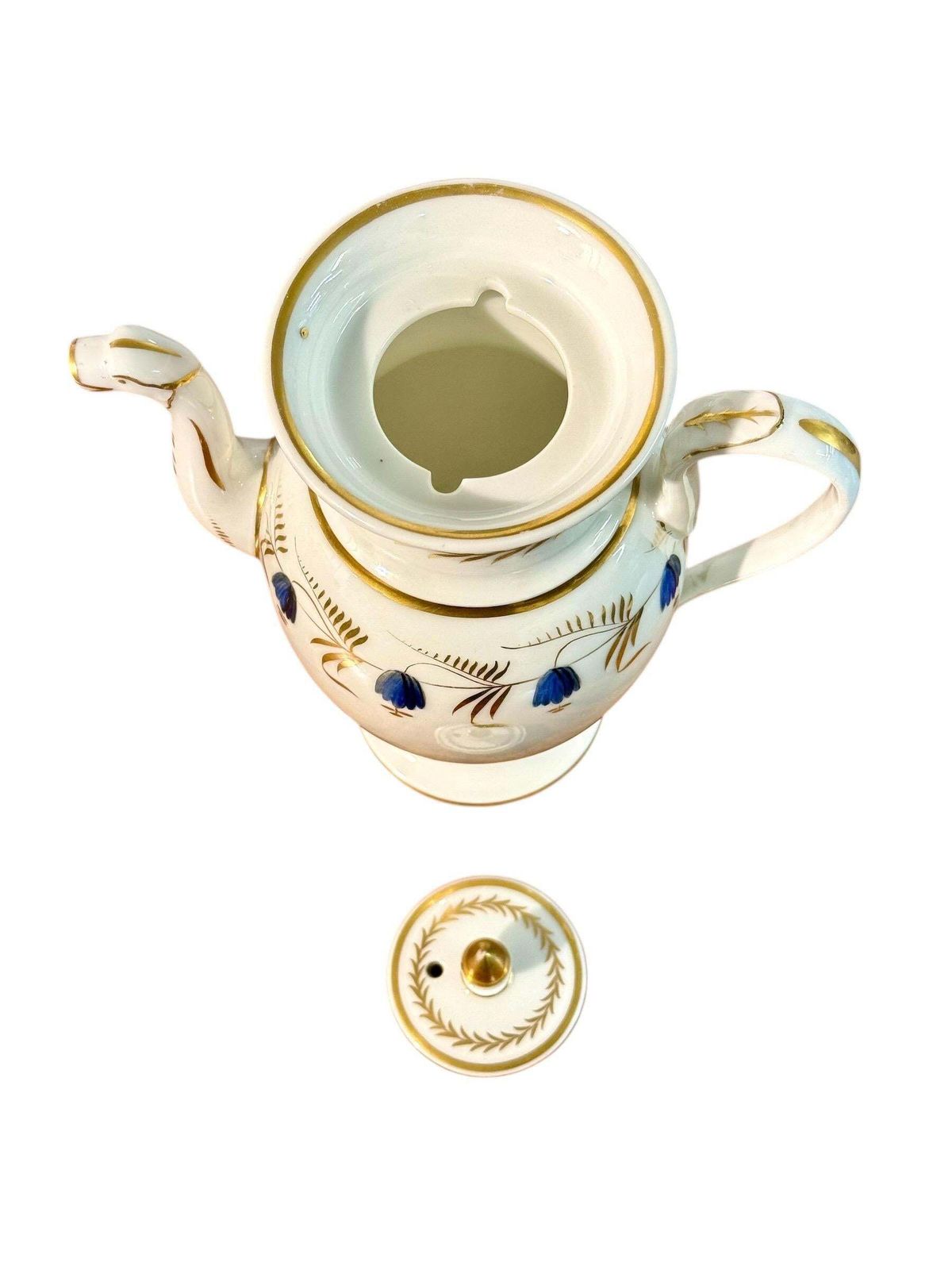 Early 19th Century Paris Porcelain Coffee Pot With Gilding & Blue Florals photo vintage
