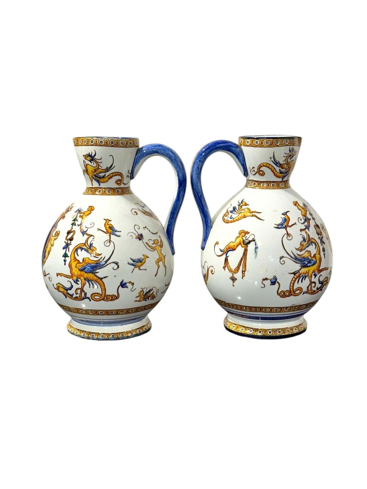 photo for sale Pair Of Gien Renaissance Revival Faience Pitchers, 19th Century