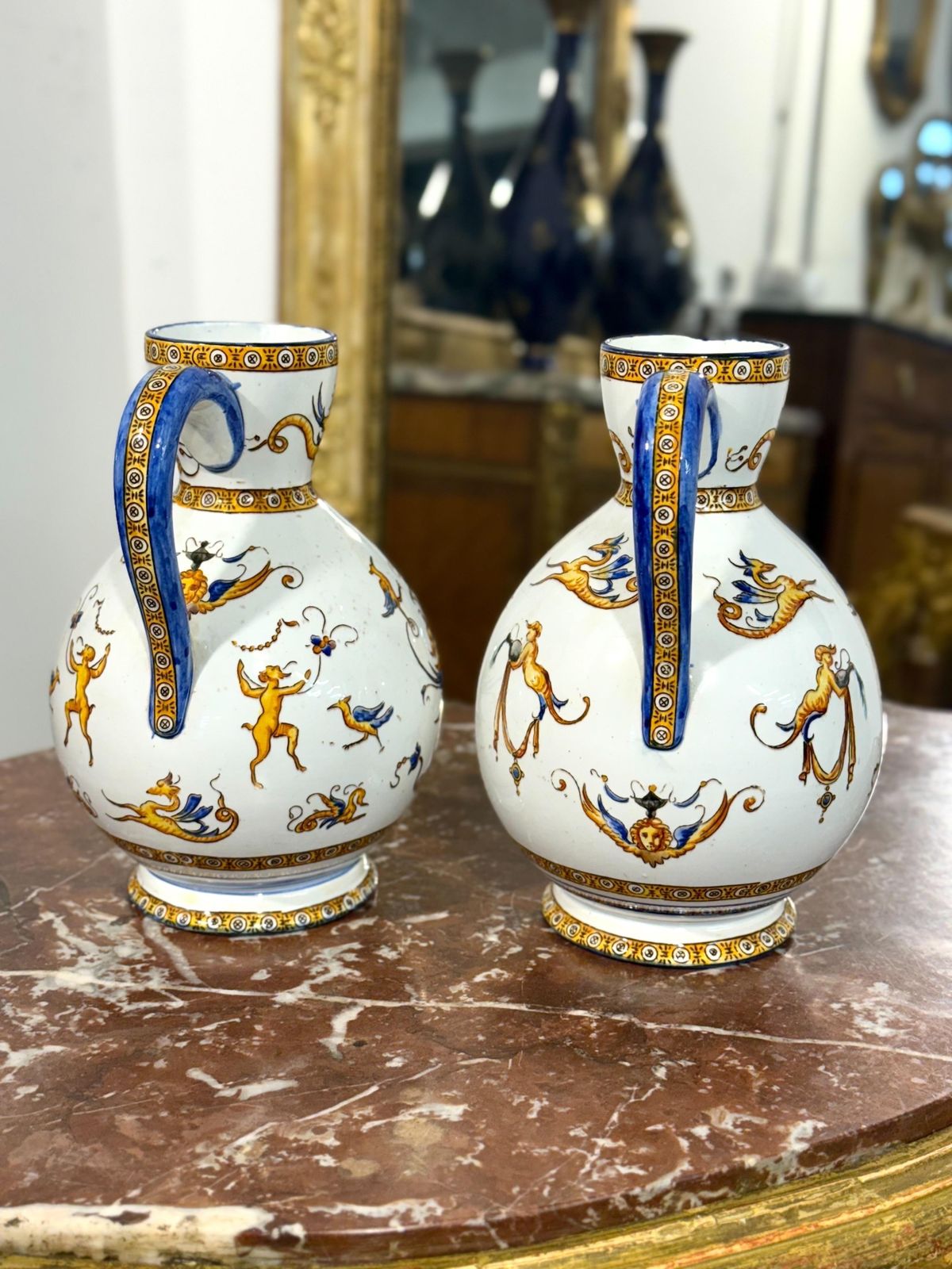 photo vintage Pair Of Gien Renaissance Revival Faience Pitchers, 19th Century