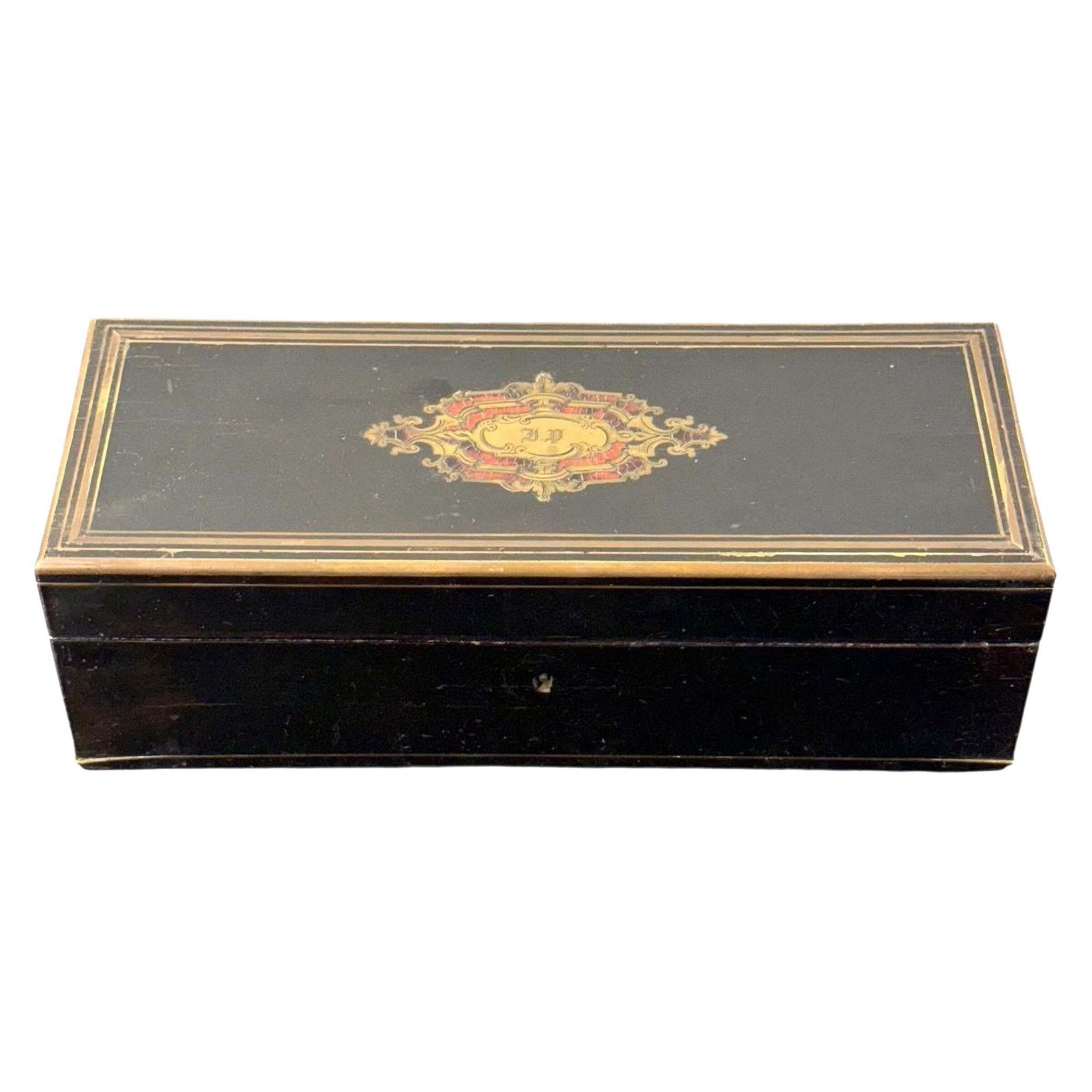 French Napoléon III Black Lacquer Box With Boulle Style Cartouche