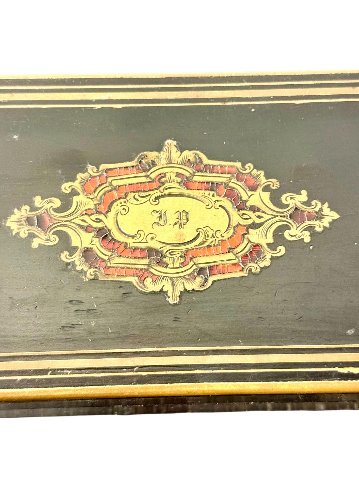 French Napoléon III Black Lacquer Box With Boulle Style Cartouche photo vintage