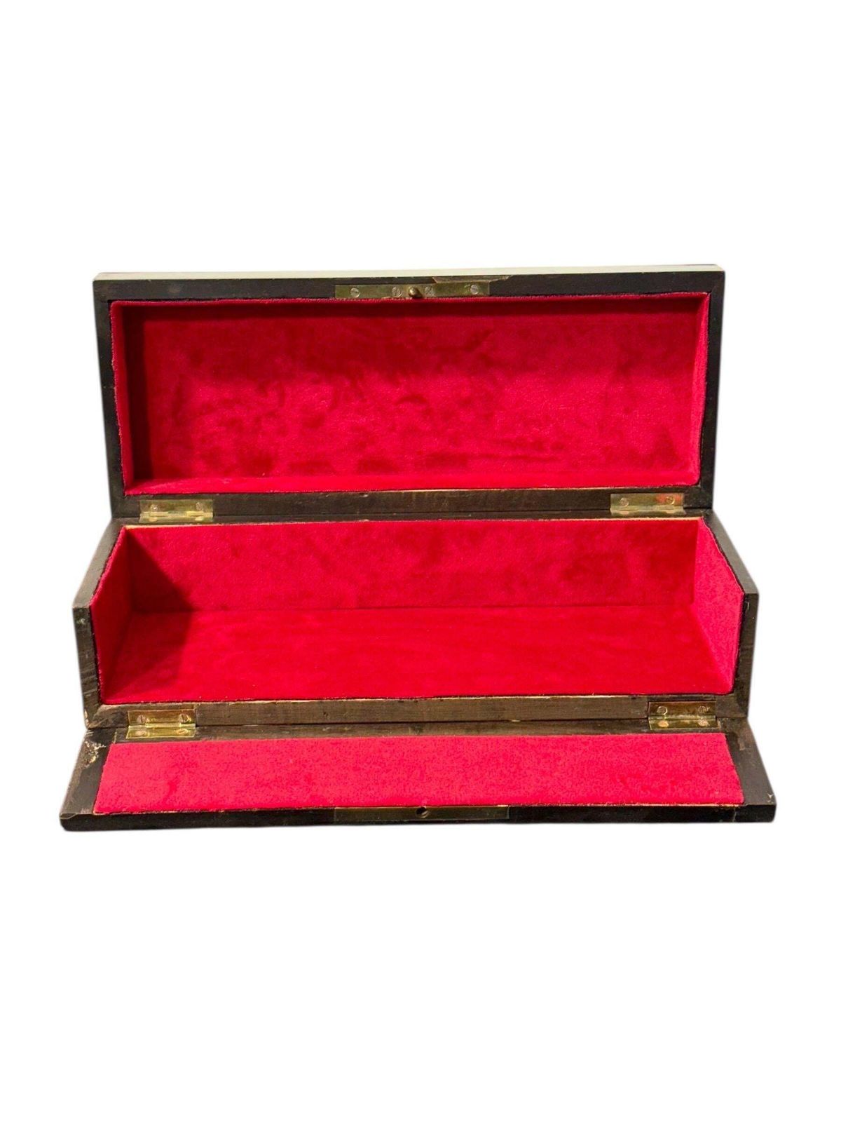 photo for sale French Napoléon III Black Lacquer Box With Boulle Style Cartouche