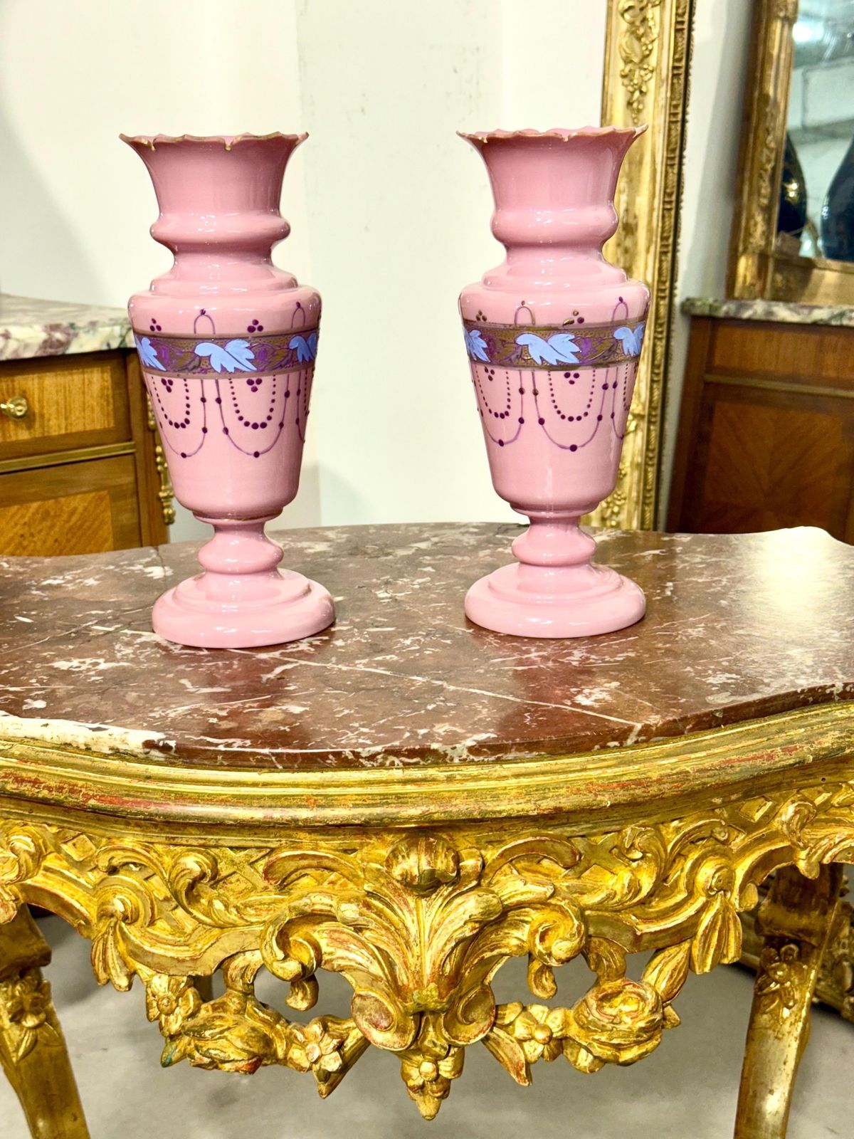 Home Decor Pair Of 19th Century Pink Opaline Glass Vases With Gilt Décor photo