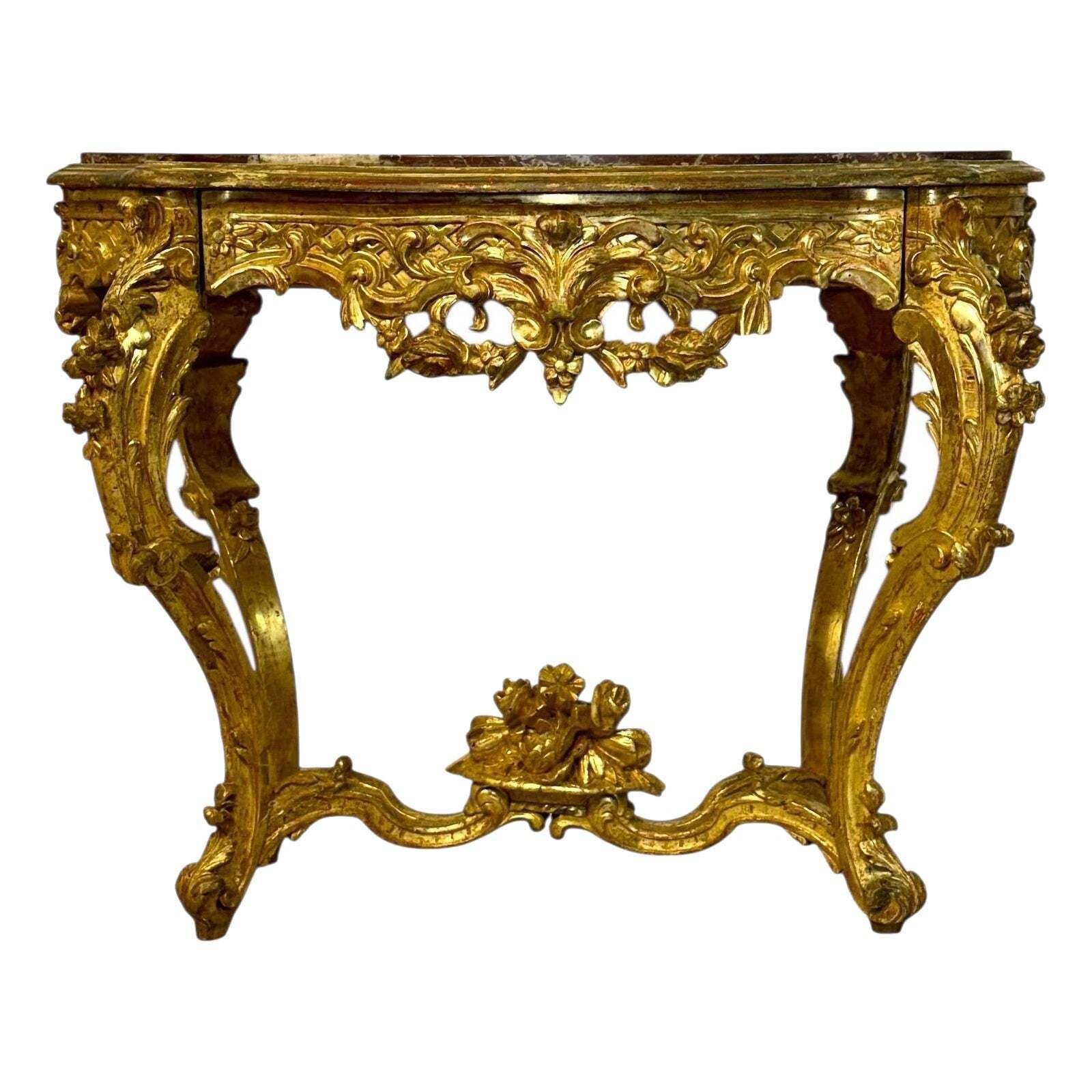 Louis XV Style Giltwood Center Table With Breccia Marble Top, 19th Century