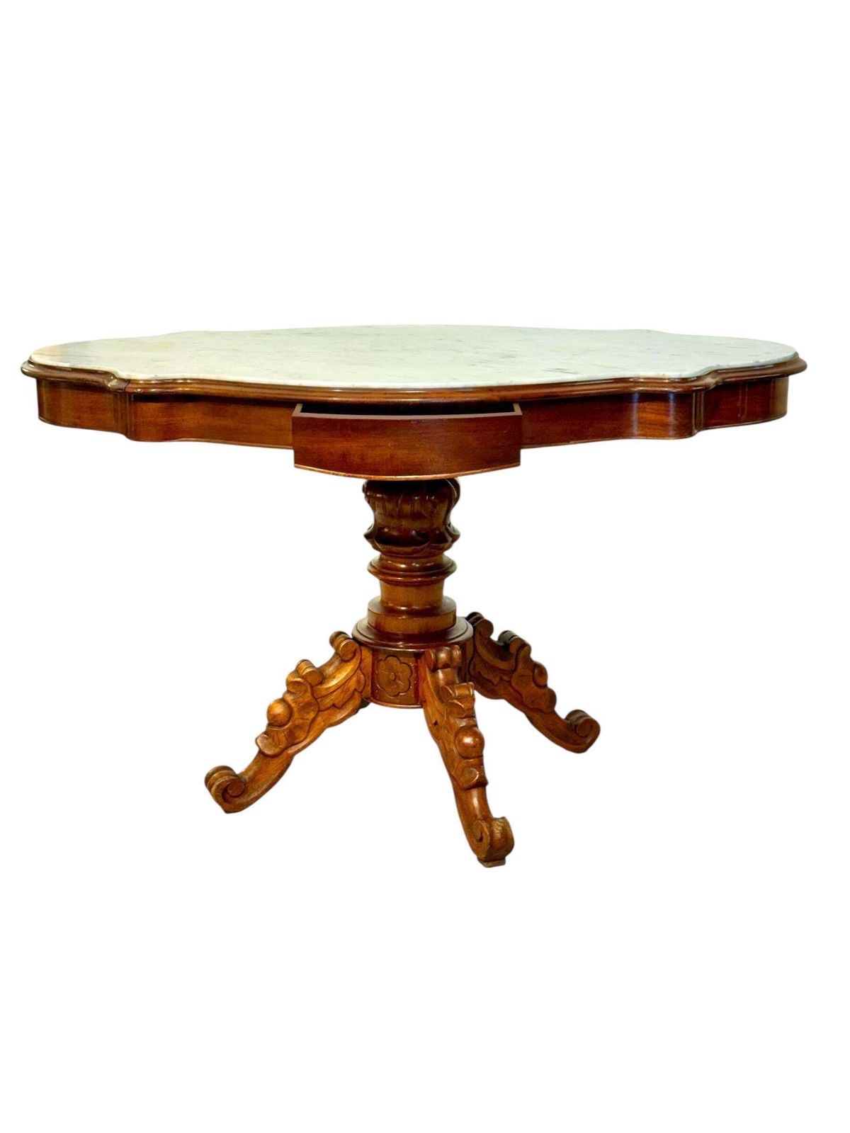 19th Century French Walnut Center Table With Shaped Marble Top And Drawers photo vinterior