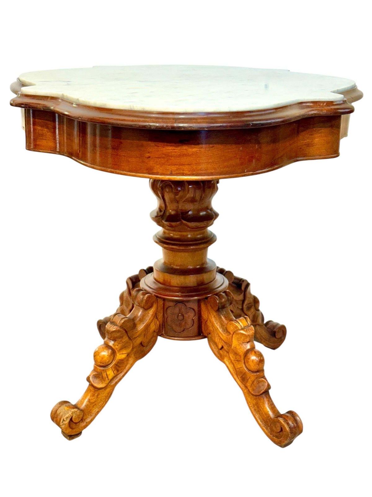1686.0 19th Century French Walnut Center Table With Shaped Marble Top And Drawers photo