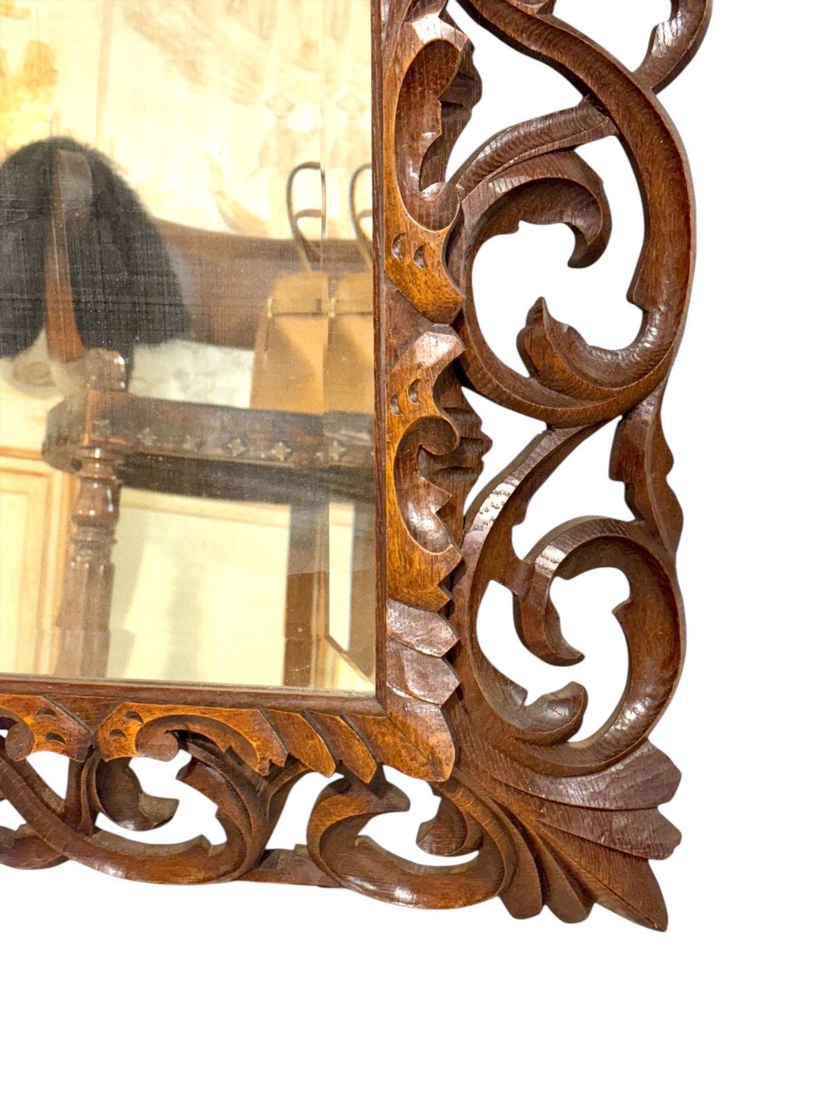 19th Century French Hand Carved Oak Beveled Mirror photo for sale
