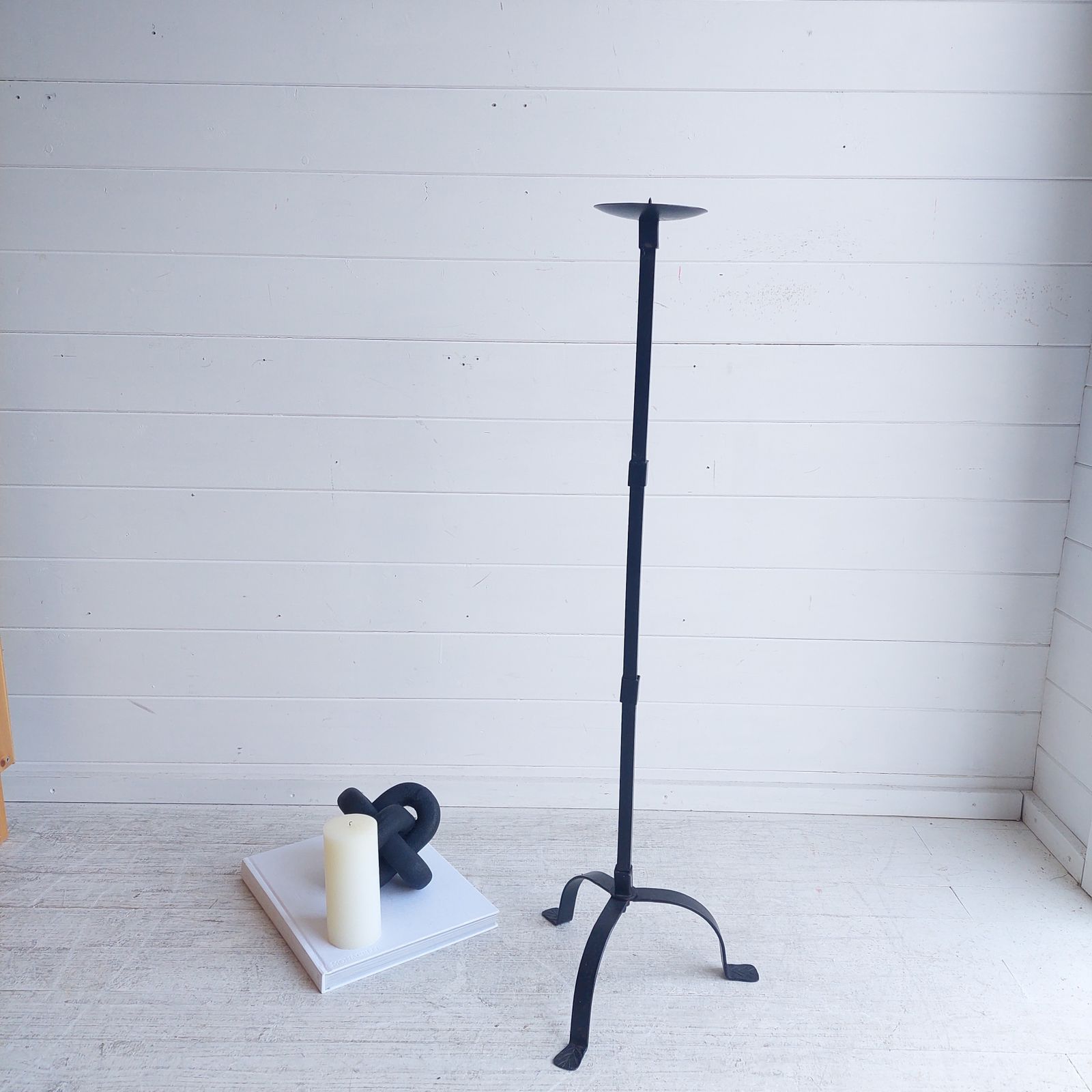 120.0 Mid Century Brutalist Wrought Iron Tripod Floor Candleholder Large Candlestick Torchere, 1960s photo