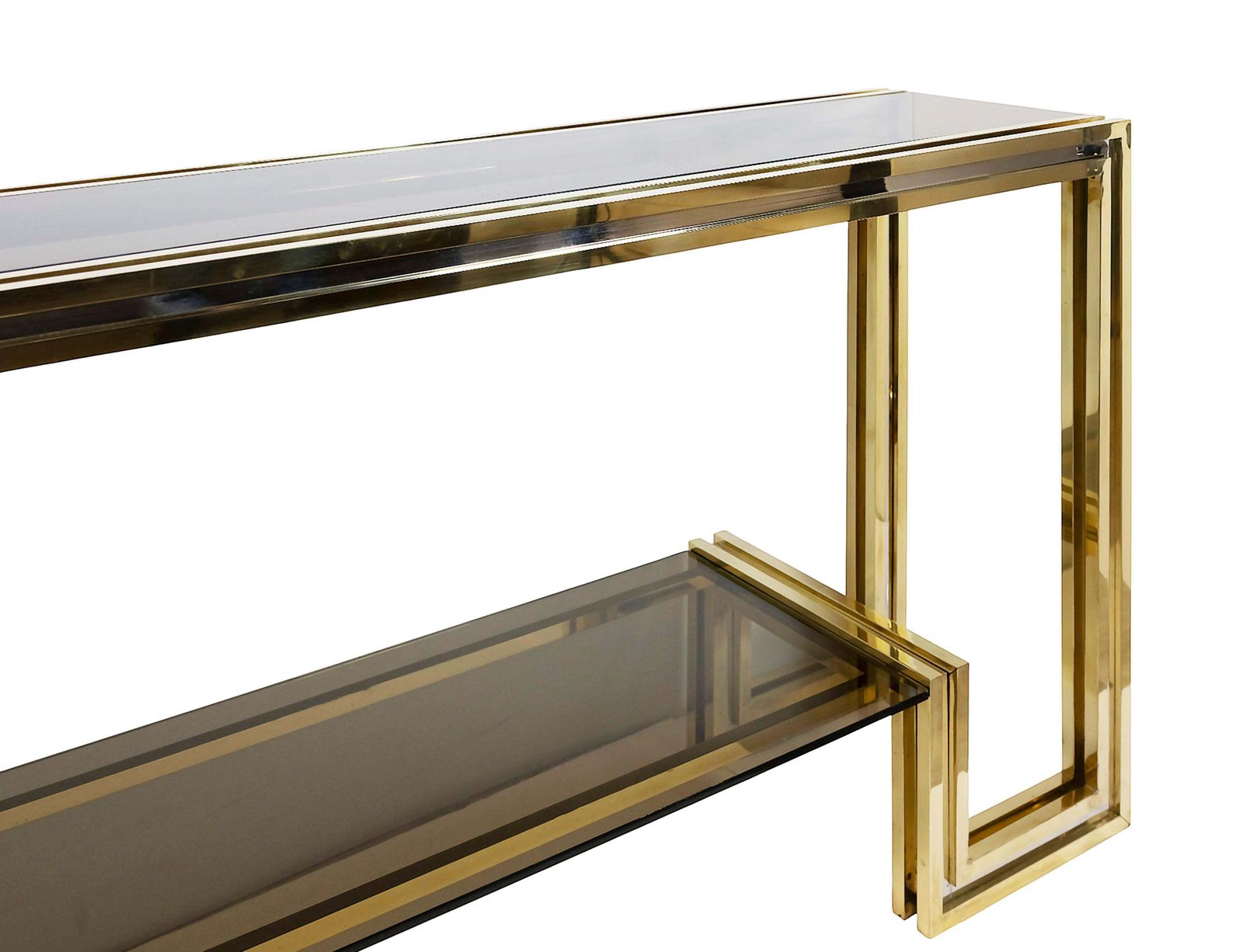 Italian Rare Mid Century Brass, Chrome And Glass Console Table By Romeo Rega photo Furniture