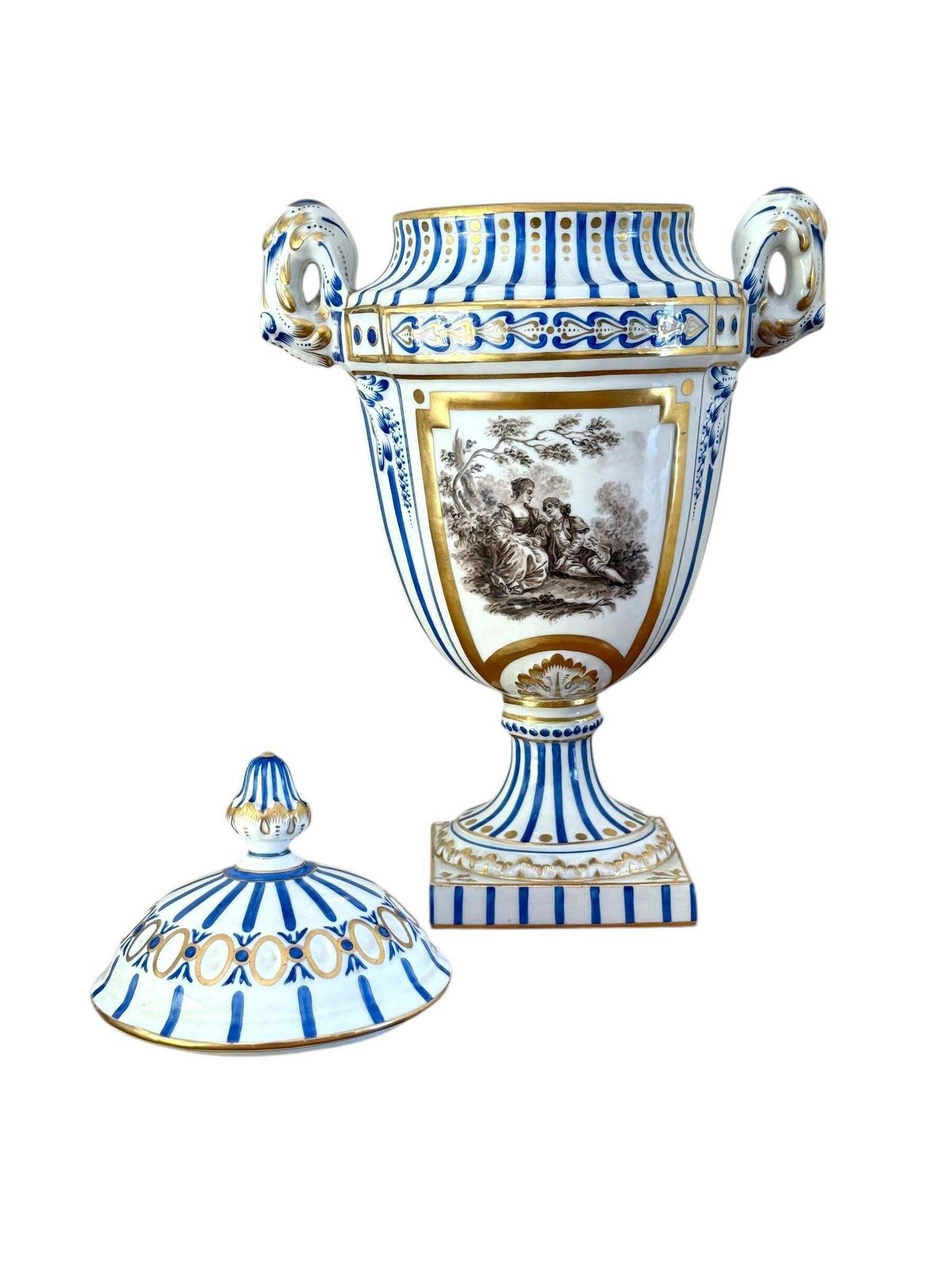 photo for sale 19th Century Paris Porcelain Lidded Urn With Blue, Gold & Sepia Decoration