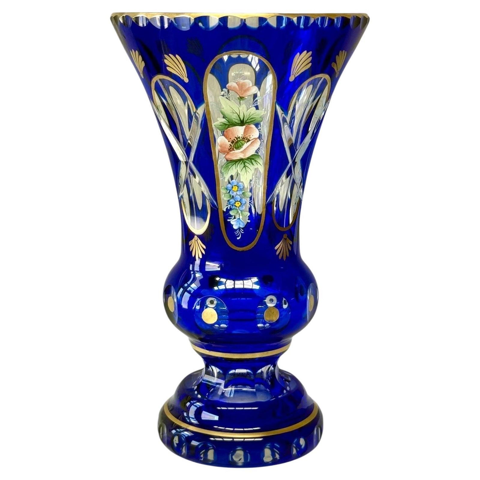 19th Century Cobalt Blue Overlay Crystal Vase With Enamel Flowers