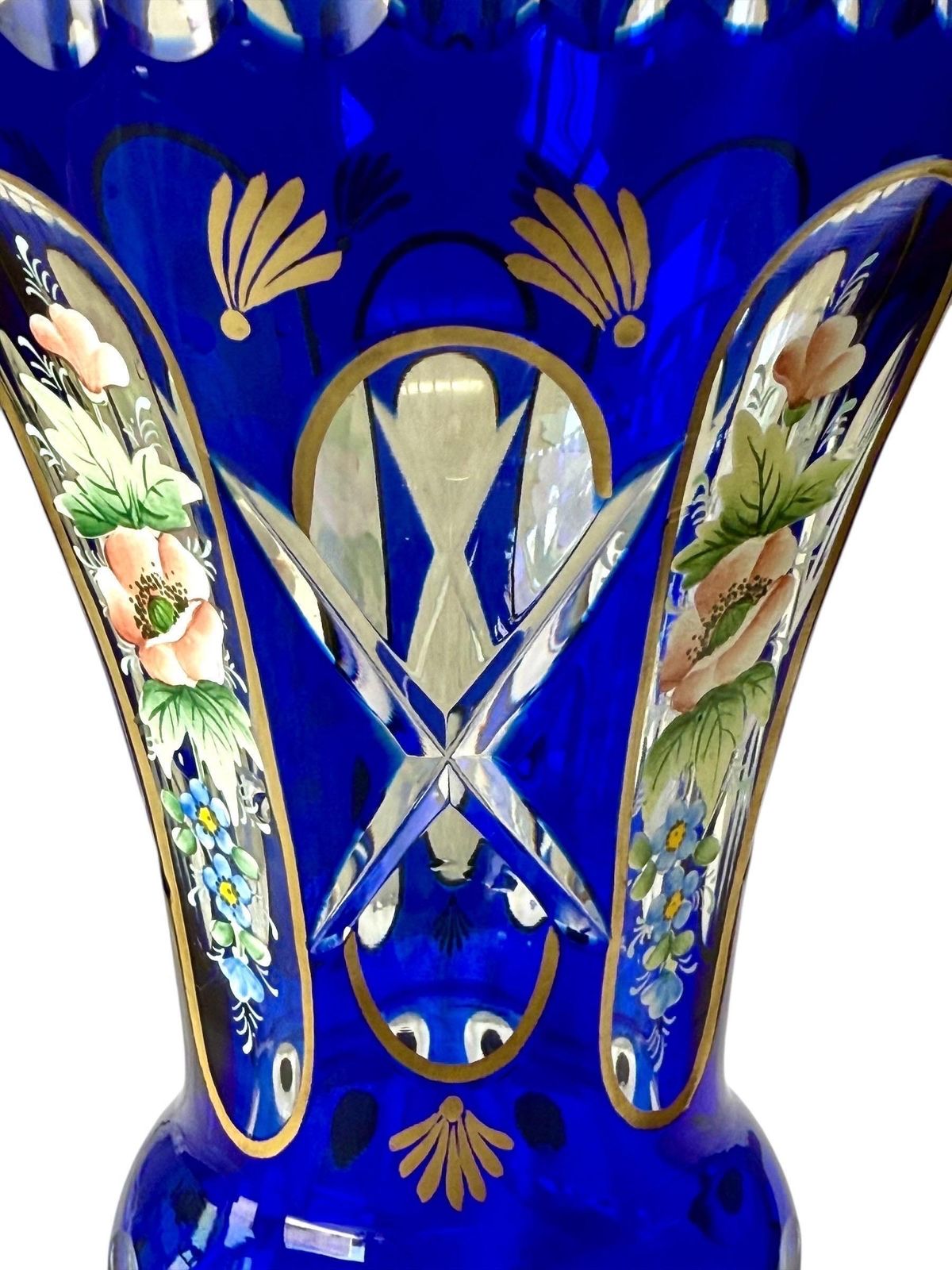 photo for sale 19th Century Cobalt Blue Overlay Crystal Vase With Enamel Flowers
