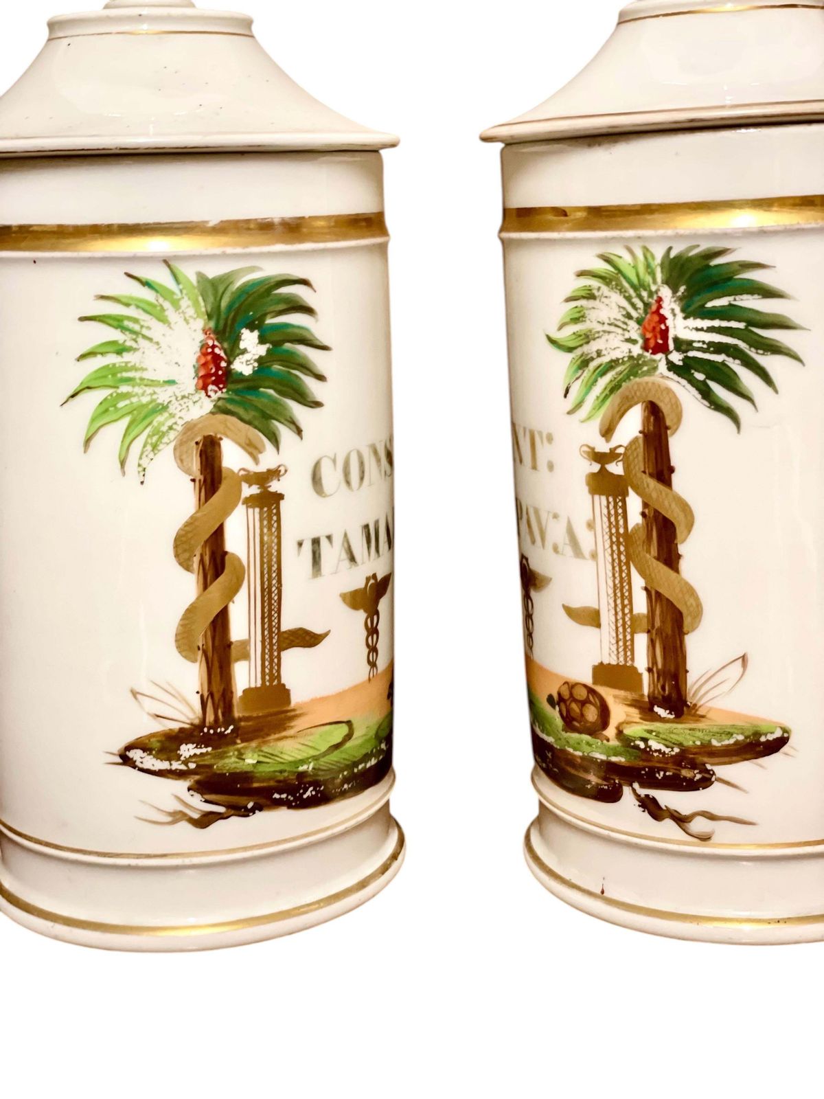 Pair Of 19th Century French Porcelain Apothecary Lidded Jars photo furniture