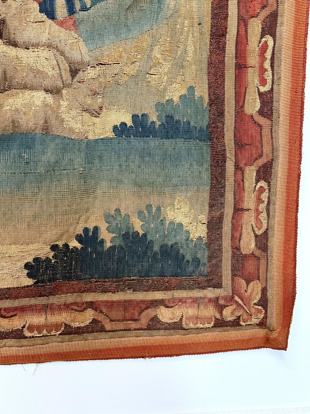 photo buy Large 18th Century Verdure Tapestry With Pastoral Scene And Wolf Attack