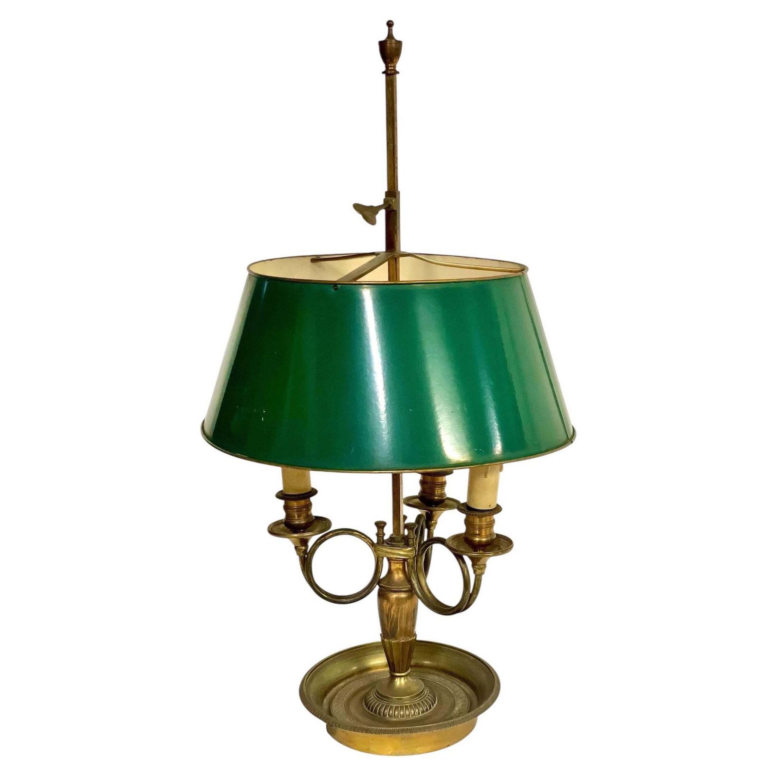 19th Century Bouillotte Lamp With Green Tole Shade And Bronze Base