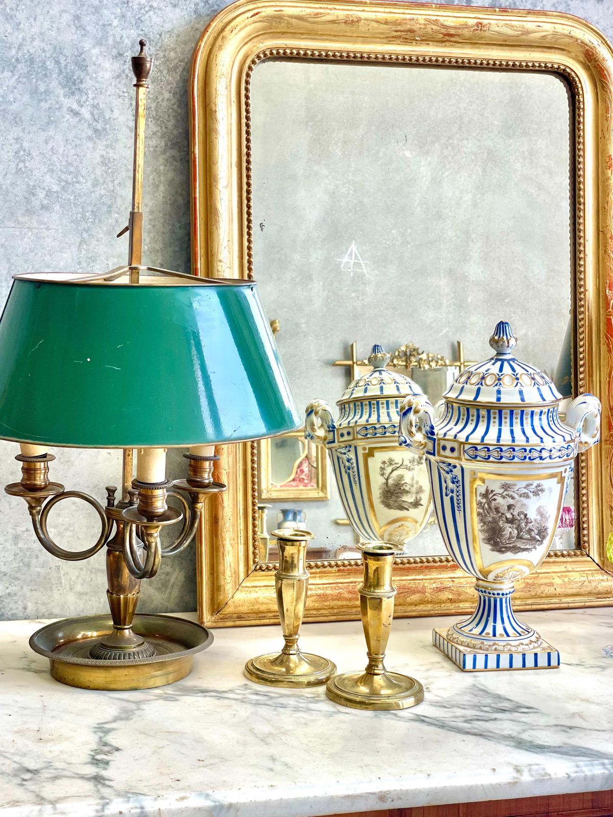 photo for sale 19th Century Bouillotte Lamp With Green Tole Shade And Bronze Base