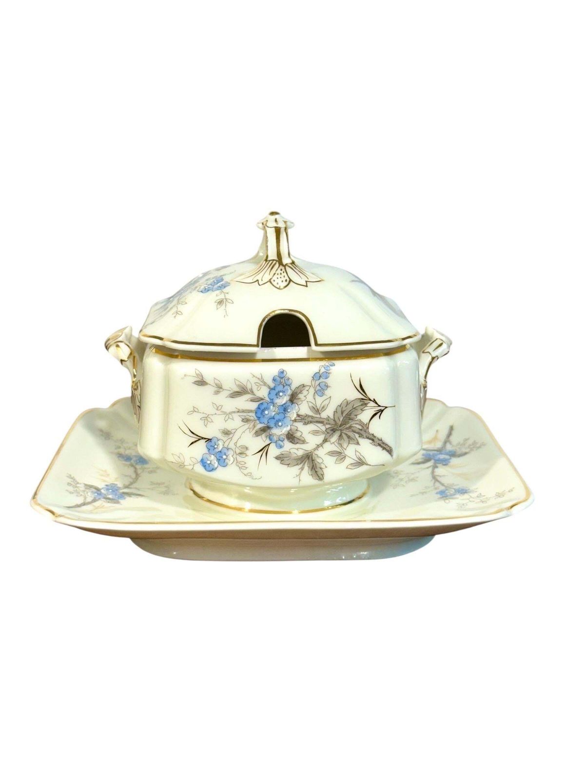 Porcelain Dinner Service Of 43 Pieces With Blue Floral And Bird Motifs photo vintage