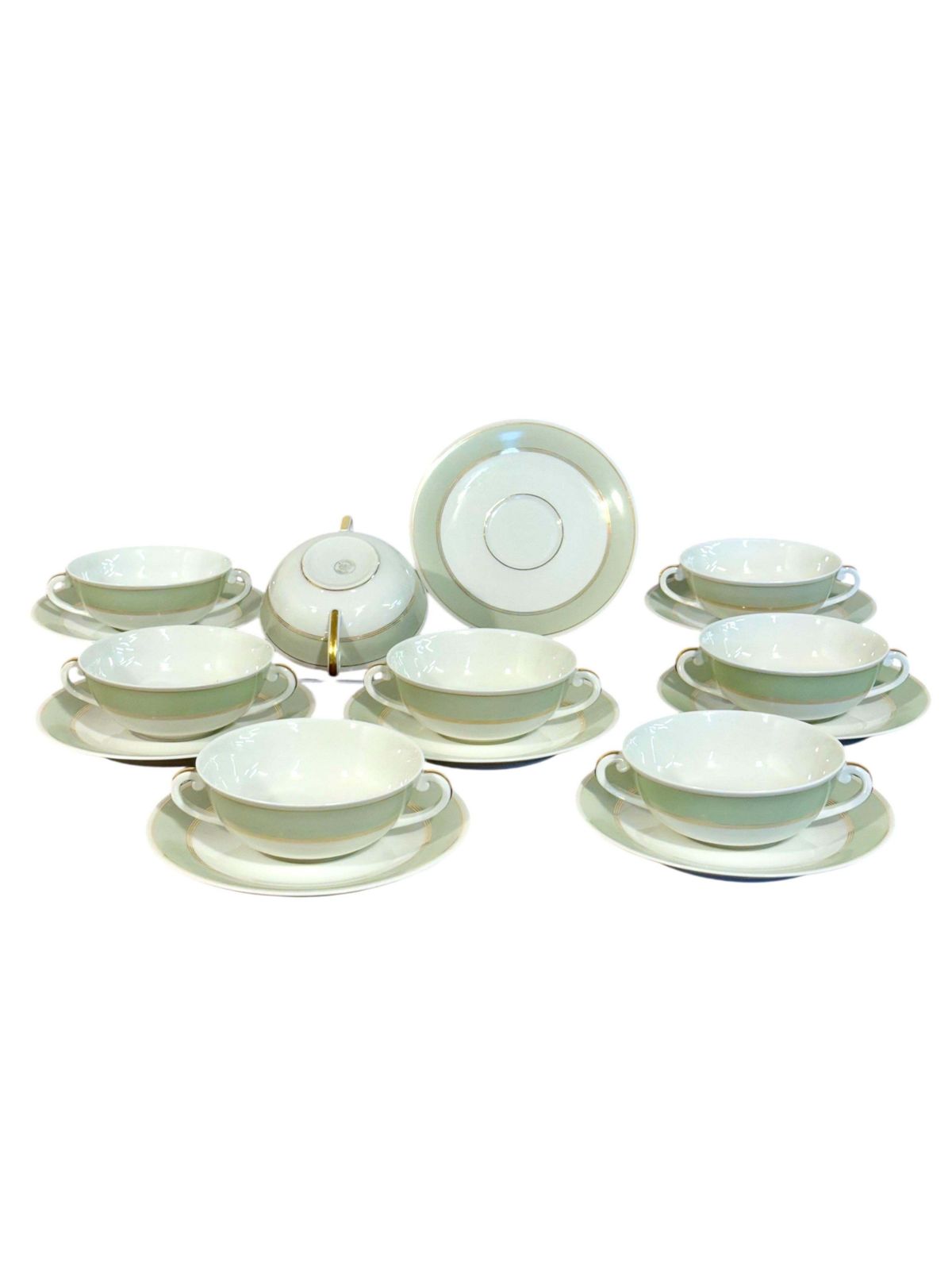 photo furniture 8 Limoges Porcelain Bouillons By A. Vignaud With Gold And Celadon Trim