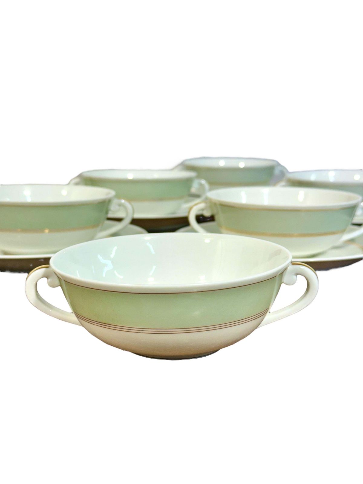 photo for sale 8 Limoges Porcelain Bouillons By A. Vignaud With Gold And Celadon Trim