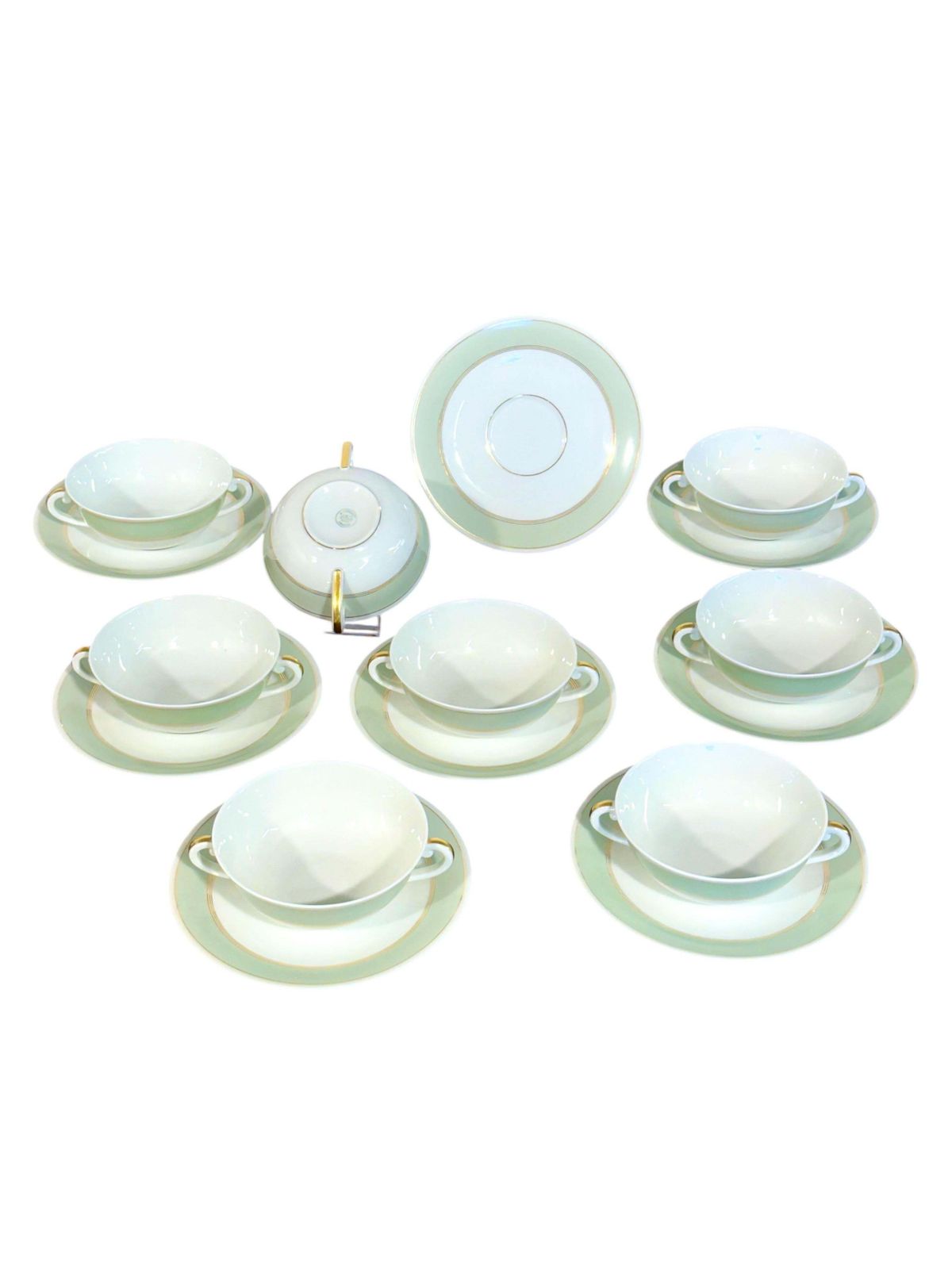 photo vinterior 8 Limoges Porcelain Bouillons By A. Vignaud With Gold And Celadon Trim