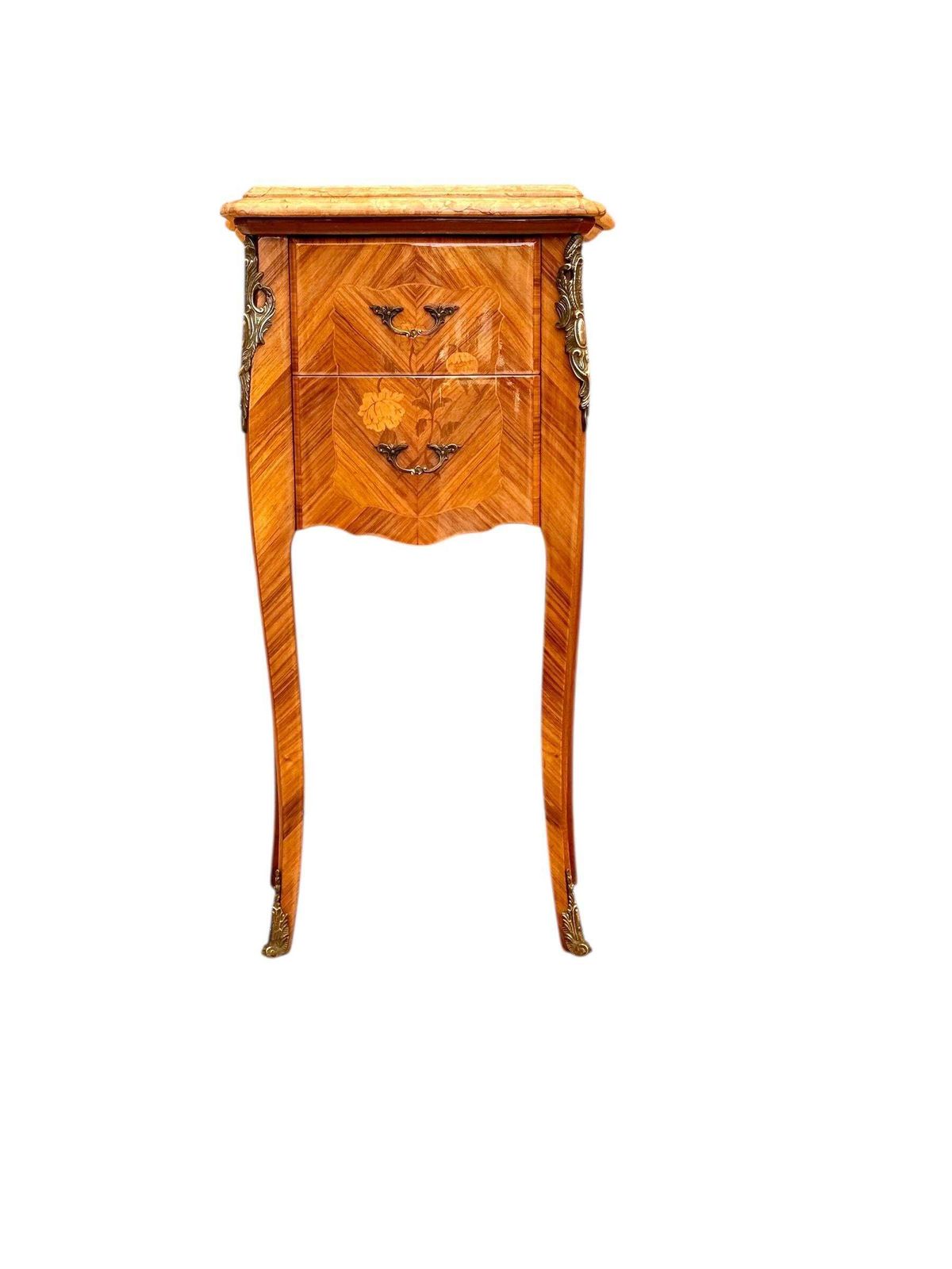 photo furniture Pair Of French Louis XV Style Marquetry Nightstands With Marble Tops