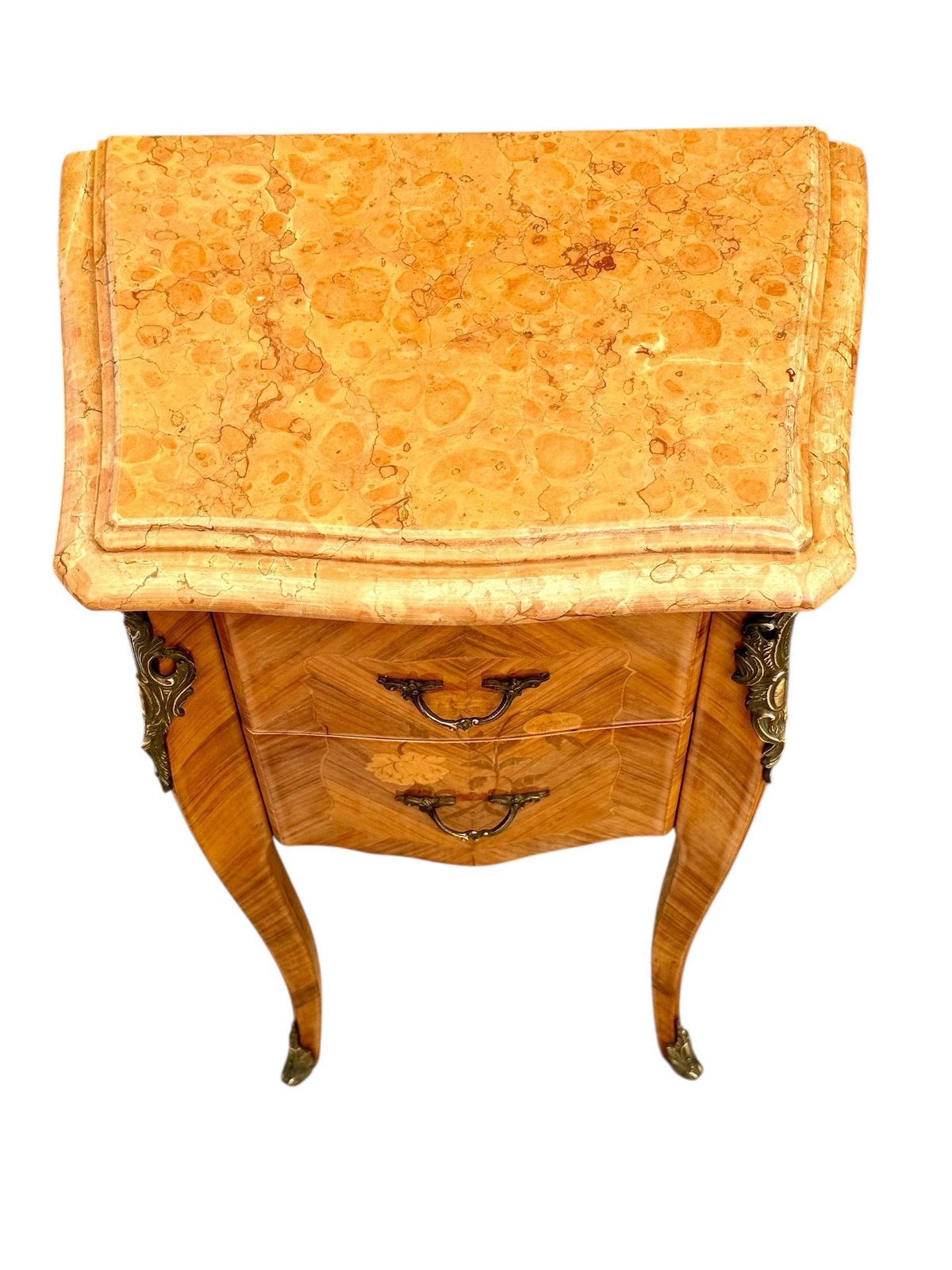 photo for sale Pair Of French Louis XV Style Marquetry Nightstands With Marble Tops