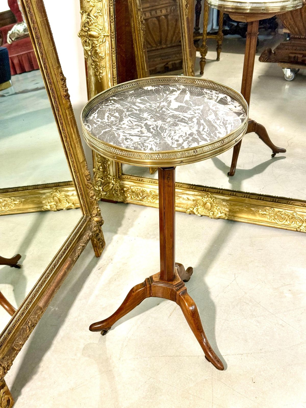 Antique French Gueridon Table With Marble Top And Brass Gallery, 19th C. photo vintage