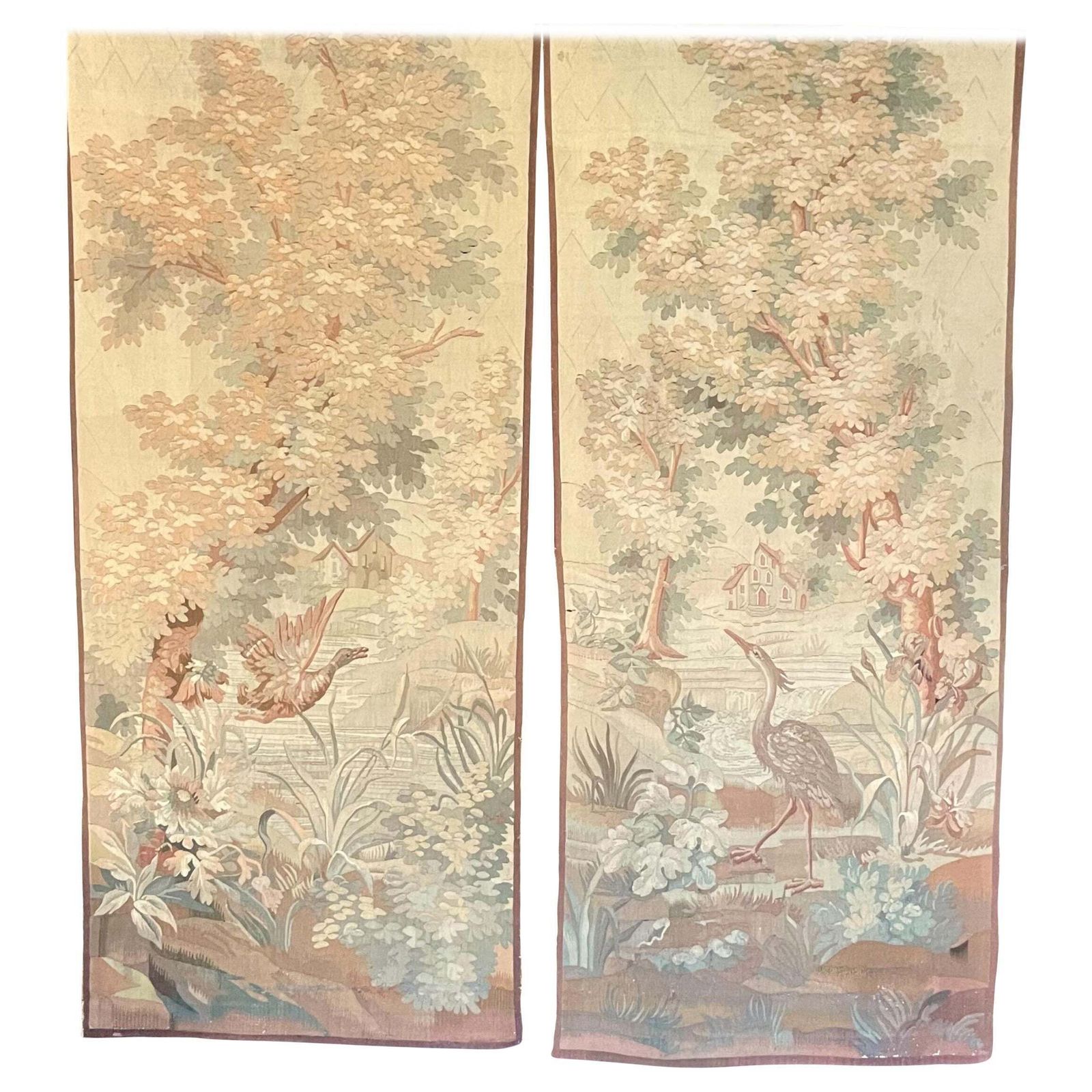 19th Century Rare Pair Of Large Aubusson Verdure Tapestries With Heron And Duck